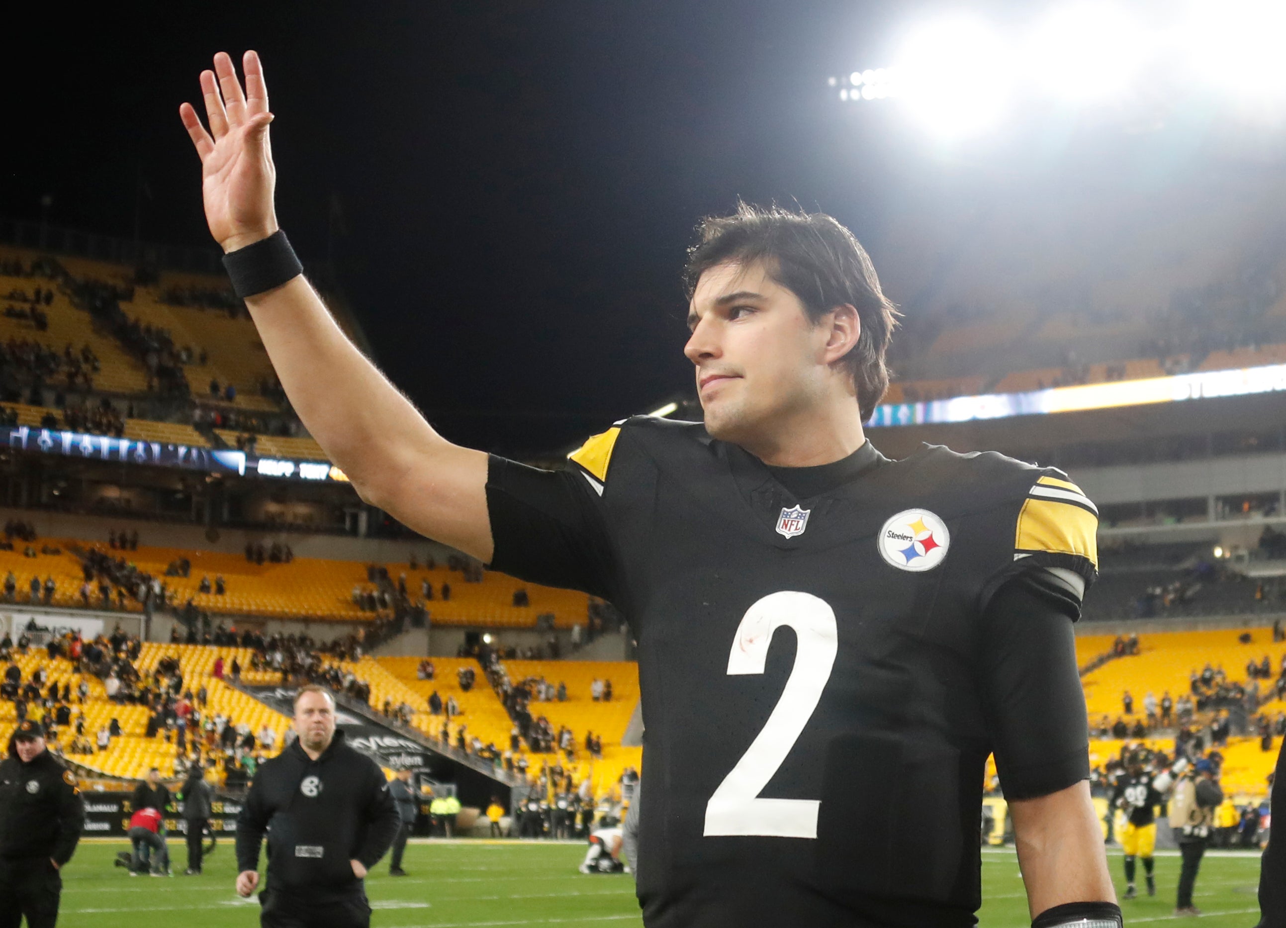 Dec 23, 2023; Pittsburgh, Pennsylvania, USA; Pittsburgh Steelers quarterback Mason Rudolph (2) waves to the crowd as he leaves the field after defeating the Cincinnati Bengals at Acrisure Stadium. Pittsburgh won 34-11. Mandatory Credit: Charles LeClaire-USA TODAY Sports