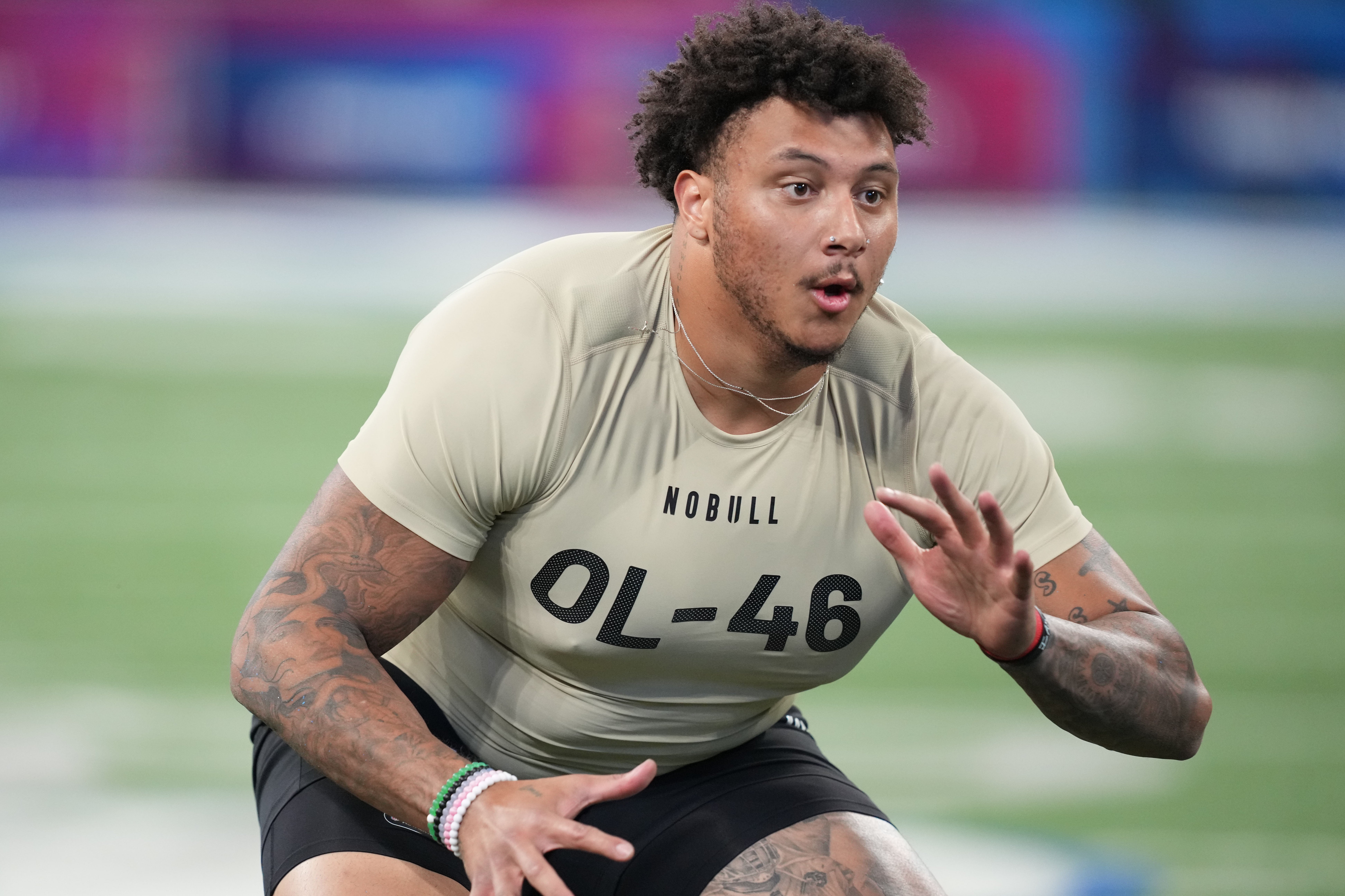 Mar 3, 2024; Indianapolis, IN, USA; Boston Col offensive lineman Christian Mahogany (OL46) during the 2024 NFL Combine at Lucas Oil Stadium.