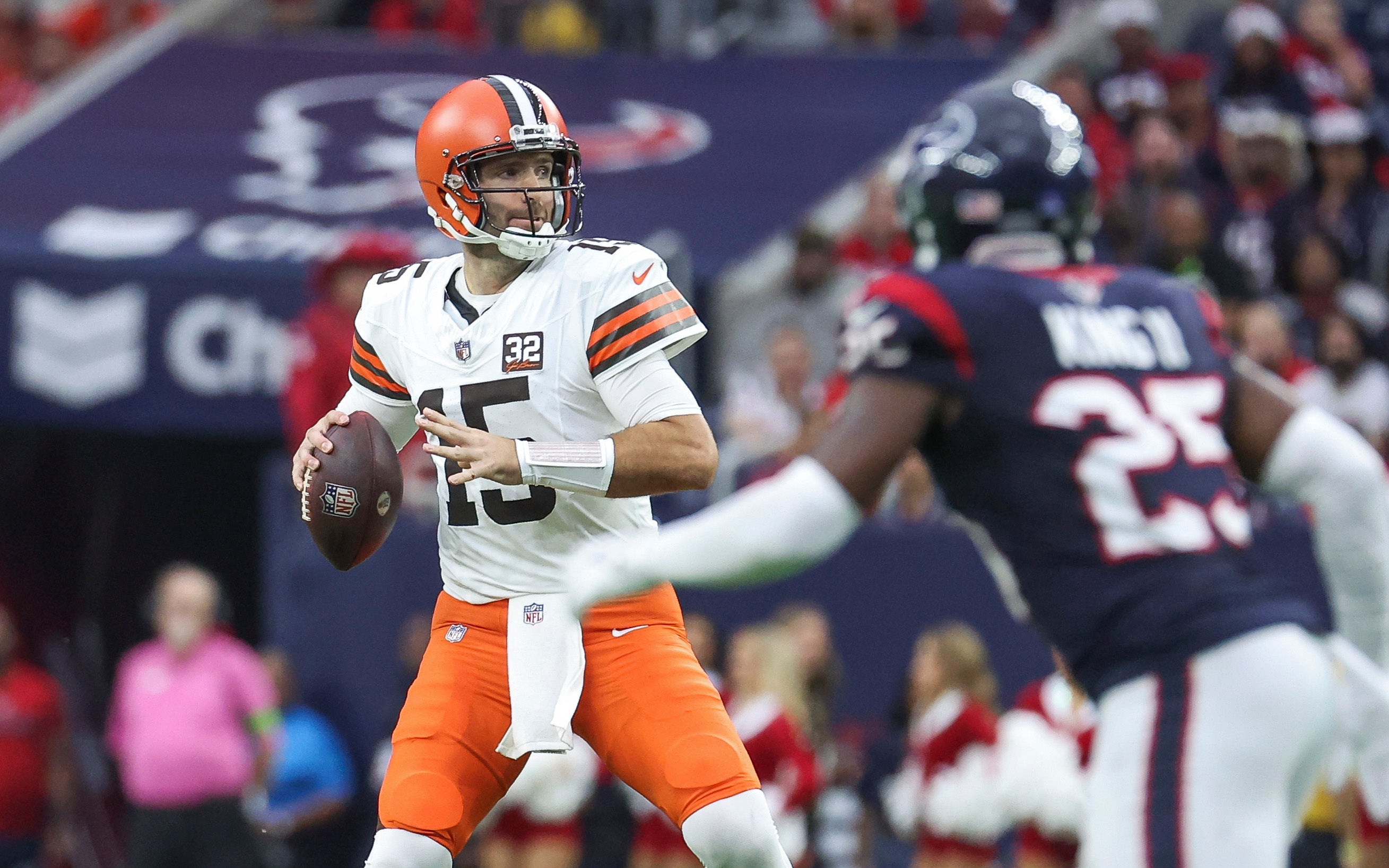 Dec 24, 2023; Houston, Texas, USA; Cleveland Browns quarterback Joe Flacco (15) attempts a pass during the second quarter against the Houston Texans at NRG Stadium. Mandatory Credit: Troy Taormina-USA TODAY Sports
