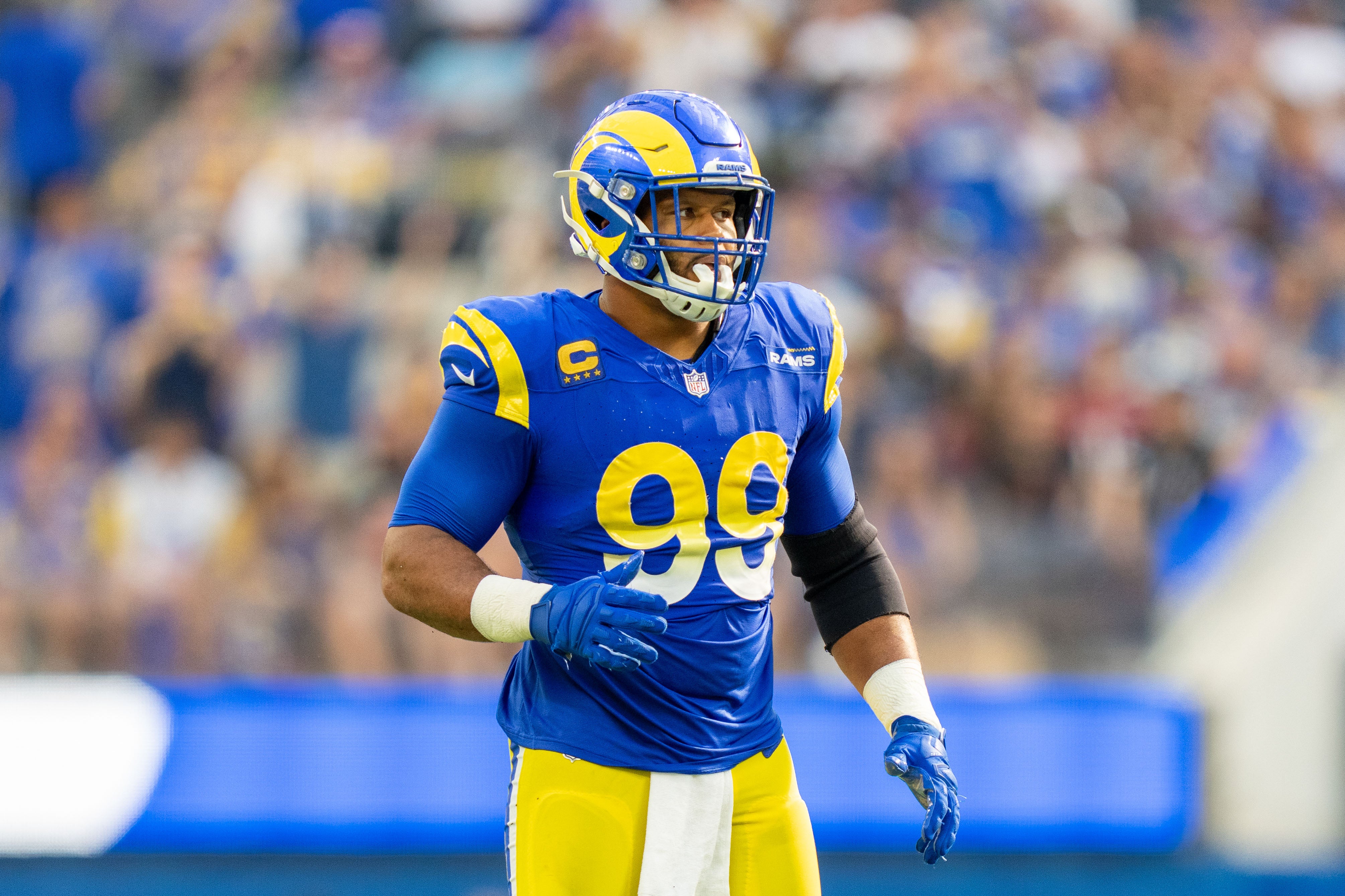 October 15, 2023; Inglewood, California, USA; Los Angeles Rams defensive tackle Aaron Donald (99) during the third quarter against the Arizona Cardinals at SoFi Stadium. Mandatory Credit: Kyle Terada-USA TODAY Sports