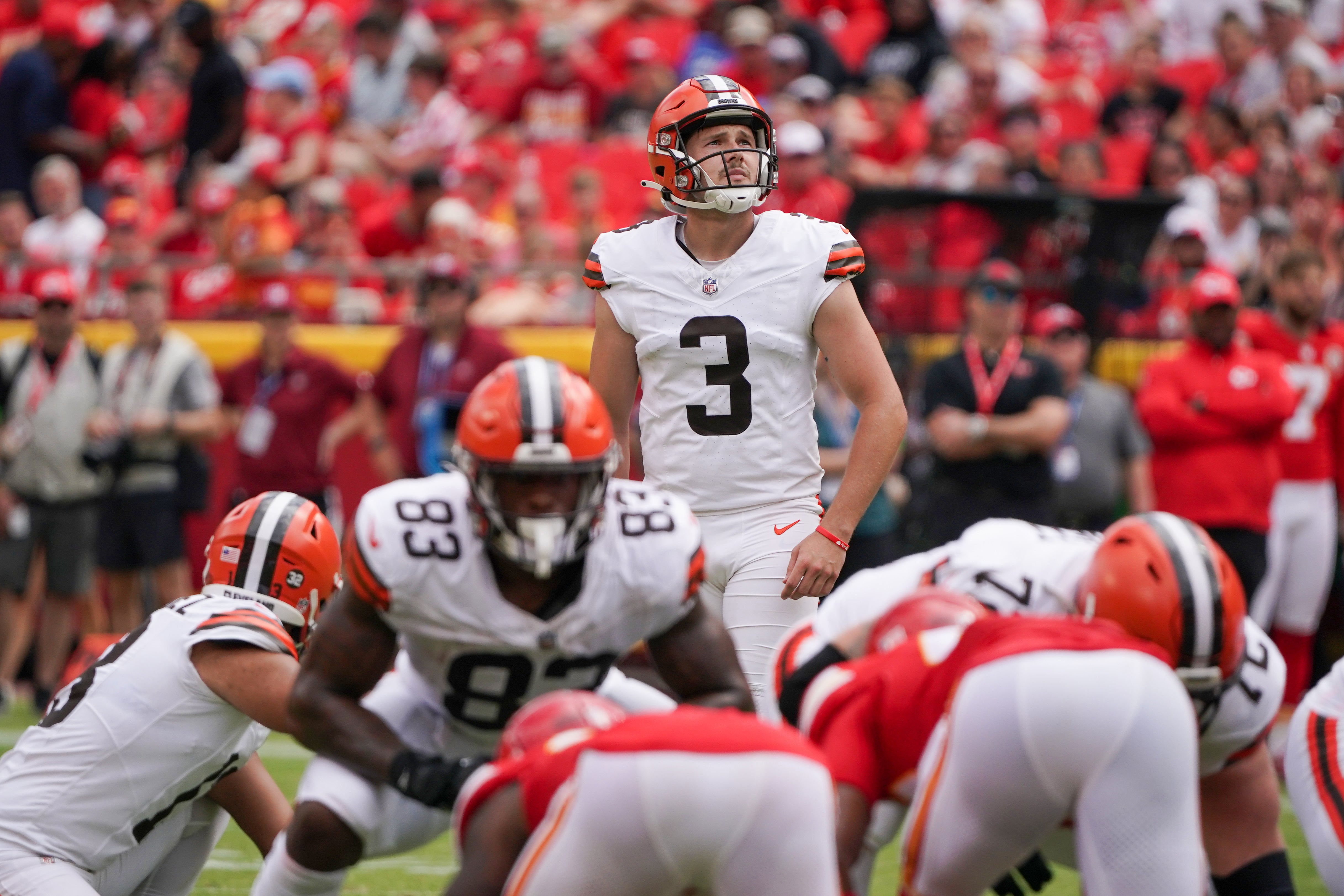 Aug 26, 2023; Kansas City, Missouri, USA; Cleveland Browns place kicker Cade York (3) prepares to kick a field goal against the Kansas City Chiefs during the second half at GEHA Field at Arrowhead Stadium. Mandatory Credit: Denny Medley-USA TODAY Sports