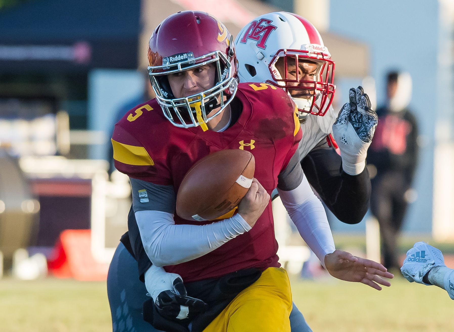 Jones quarterback Stetson Bennett (5) fumbles the ball in the final minutes against East Mississippi during MACJC Championship Game action held Saturday November 10th, 2018 in Ellisville, Mississippi.(Photo/Bob Smith-For the Clarion Ledger) 2018 Juco Championship 011