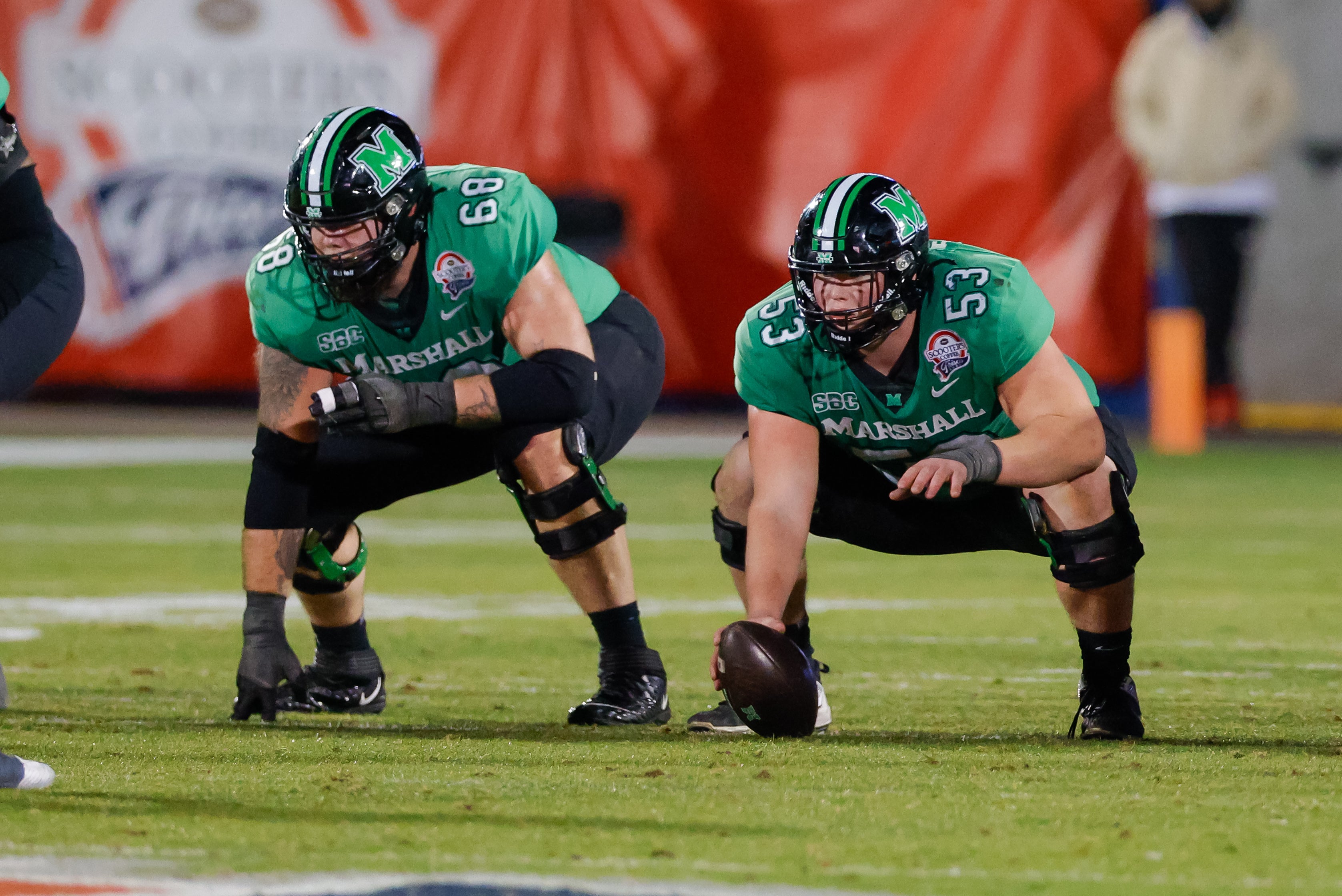 Dec 19, 2023; Frisco, TX, USA; Marshall Thundering Herd offensive lineman Dalton Tucker (68) and offensive lineman Trent Fraley (53) line up against the UTSA Roadrunners during the fourth quarter at Toyota Stadium.