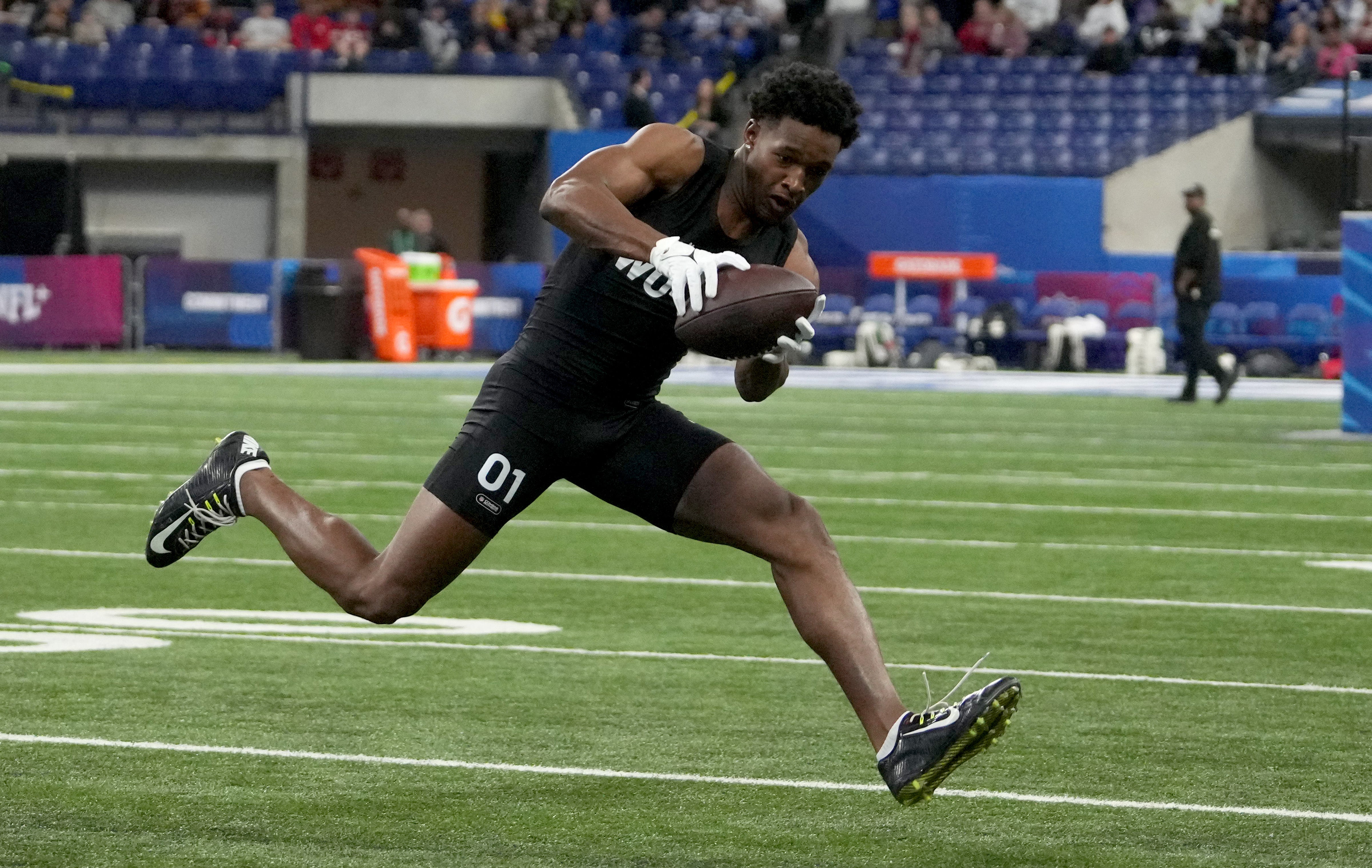 Mar 2, 2024; Indianapolis, IN, USA; Central Florida wide receiver Javon Baker (WO01) during the 2024 NFL Combine at Lucas Oil Stadium.