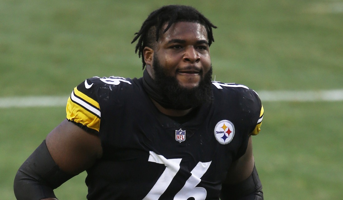 Dec 27, 2020; Pittsburgh, Pennsylvania, USA; Pittsburgh Steelers offensive tackle Chukwuma Okorafor (76) leaves the field after defeating the Indianapolis Colts at Heinz Field. Pittsburgh won 28-24