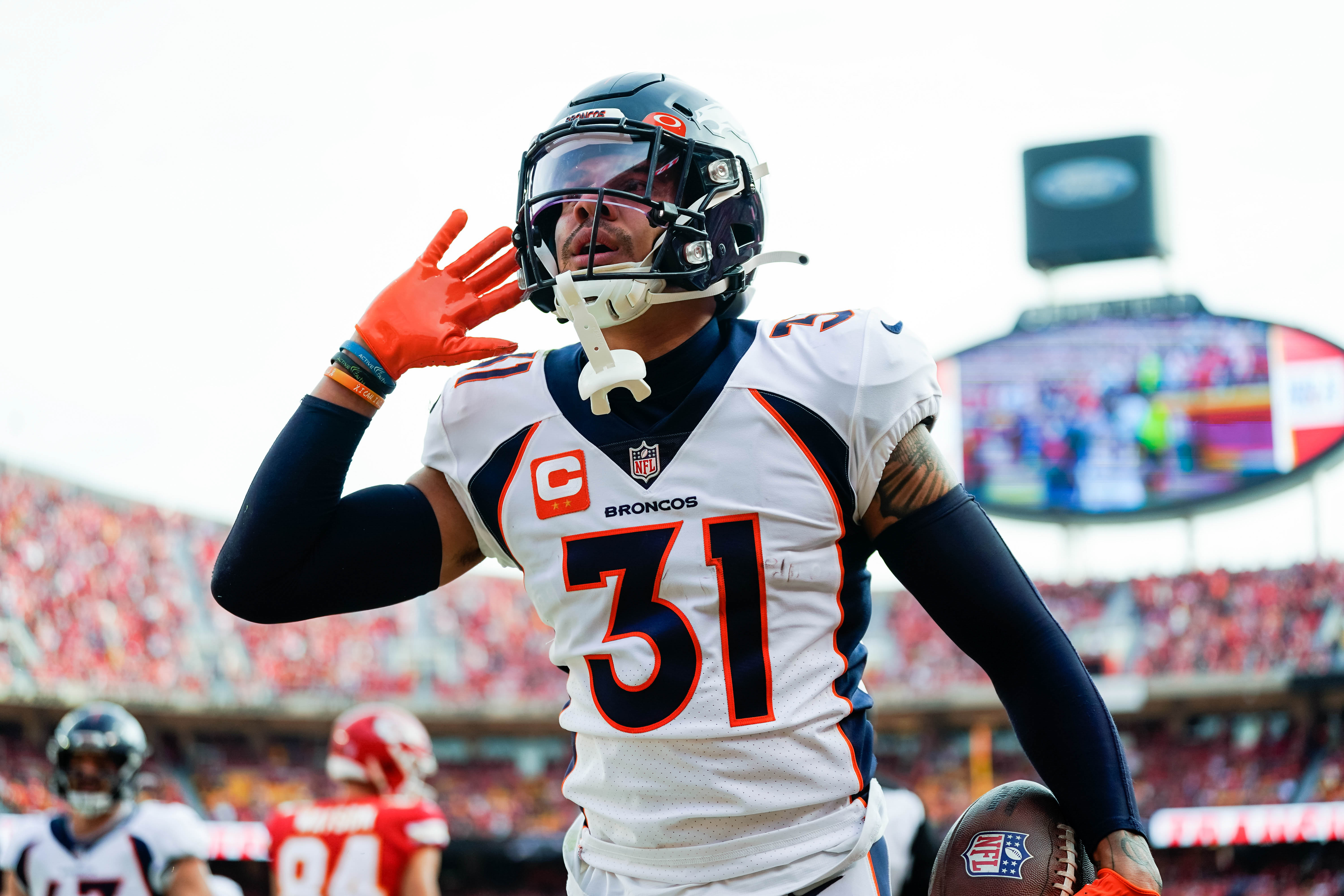 Former Broncos safety Justin Simmons celebrates after an interception during the first half against the Kansas City Chiefs.
