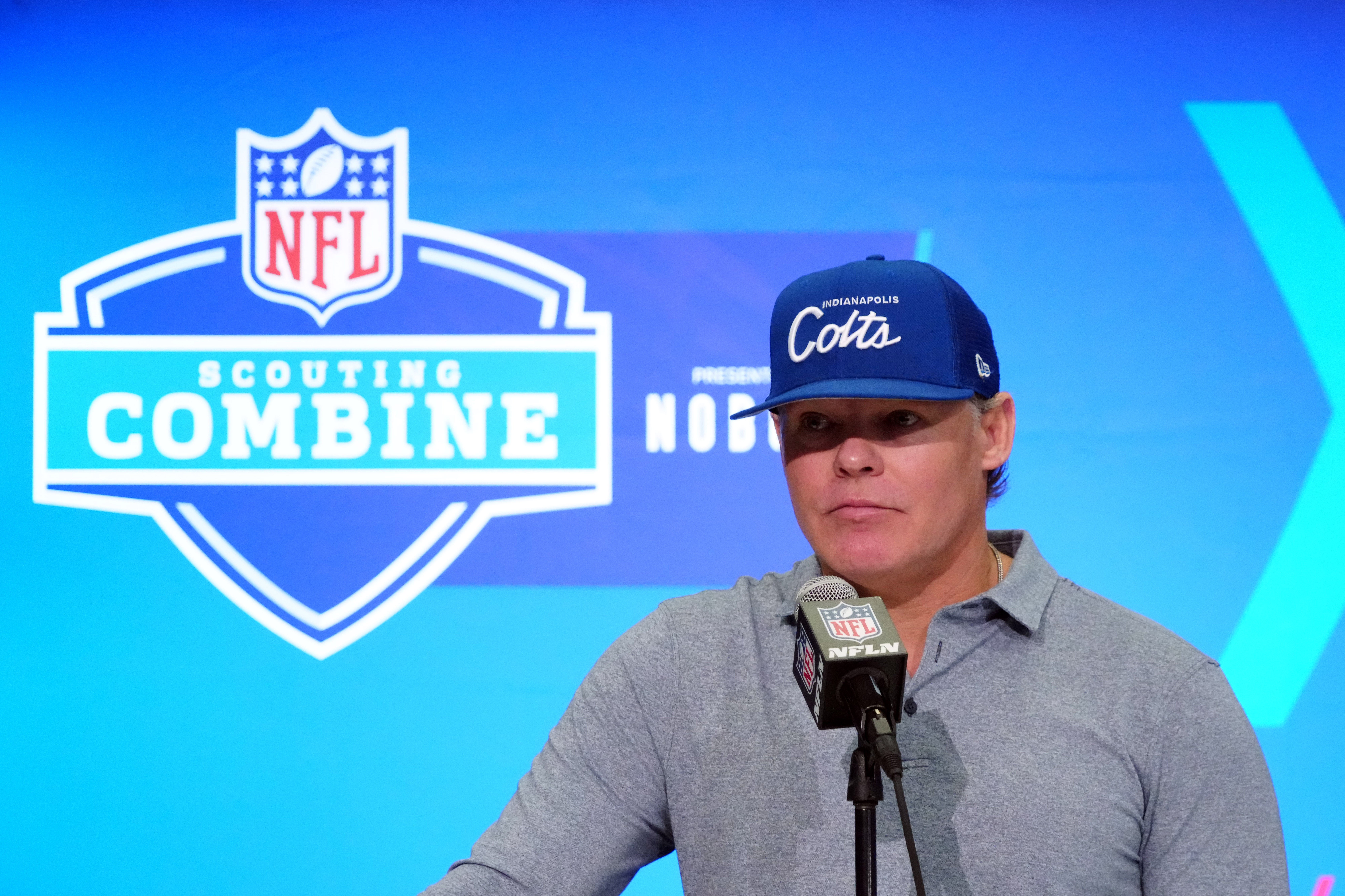 Feb 28, 2024; Indianapolis, IN, USA; Indianapolis Colts general manager Chris Ballard speaks at a press conference at the NFL Scouting Combine at Indiana Convention Center.