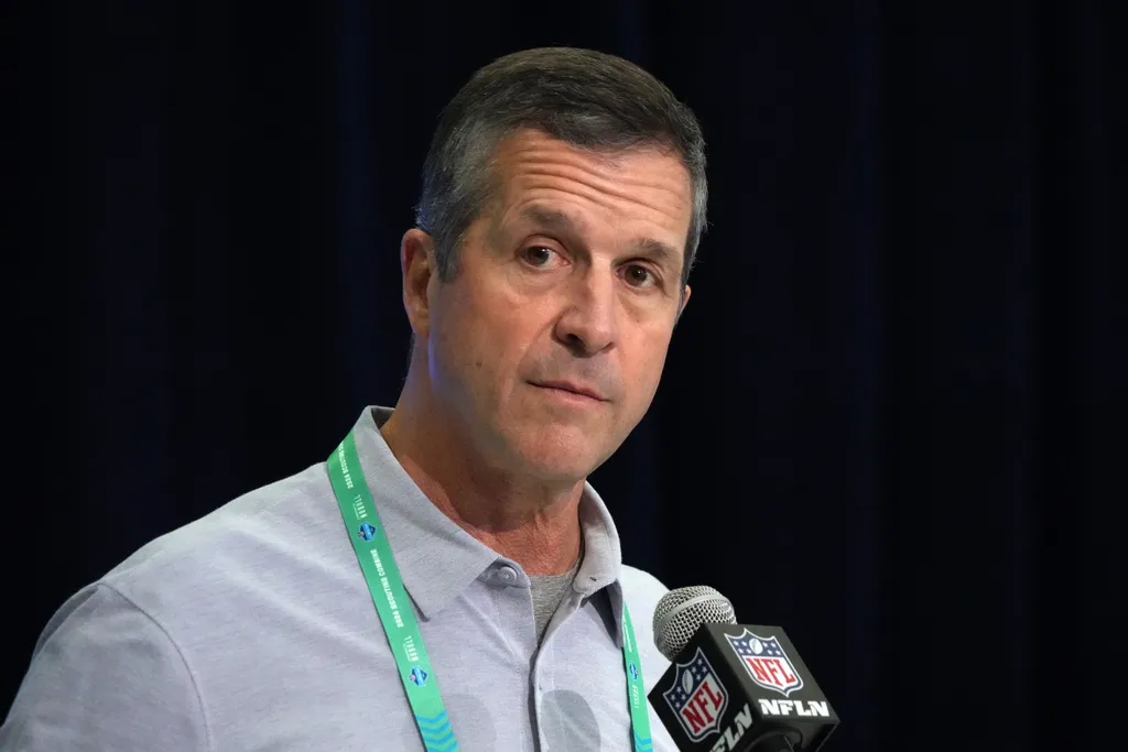 Baltimore Ravens coach John Harbaugh during the NFL Scouting Combine at Indiana Convention Center.