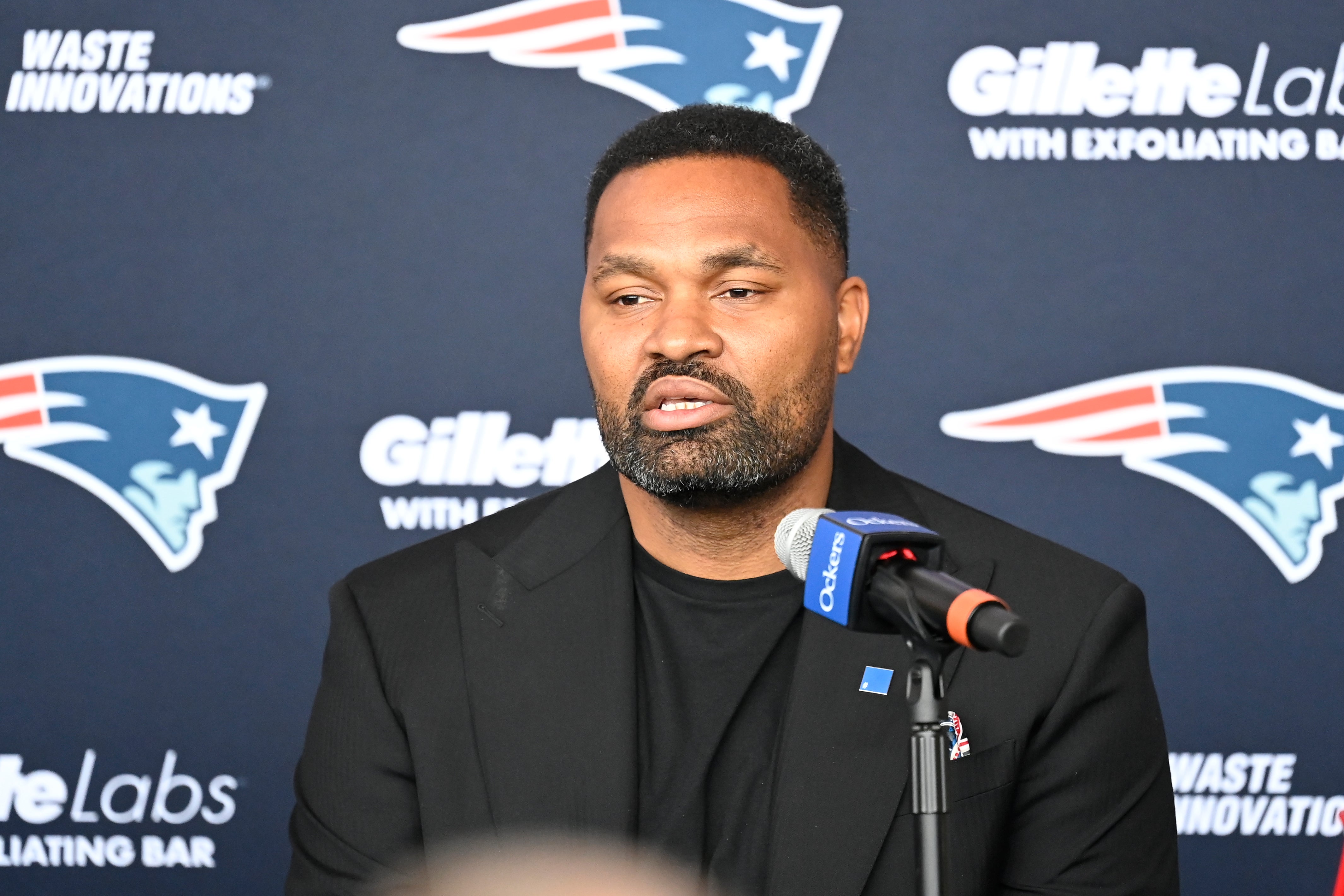 Jan 17, 2024; Foxborough, MA, USA; New England Patriots head coach Jerod Mayo addresses media at a press conference announcing his hiring as the team's head coach at Gillette Stadium