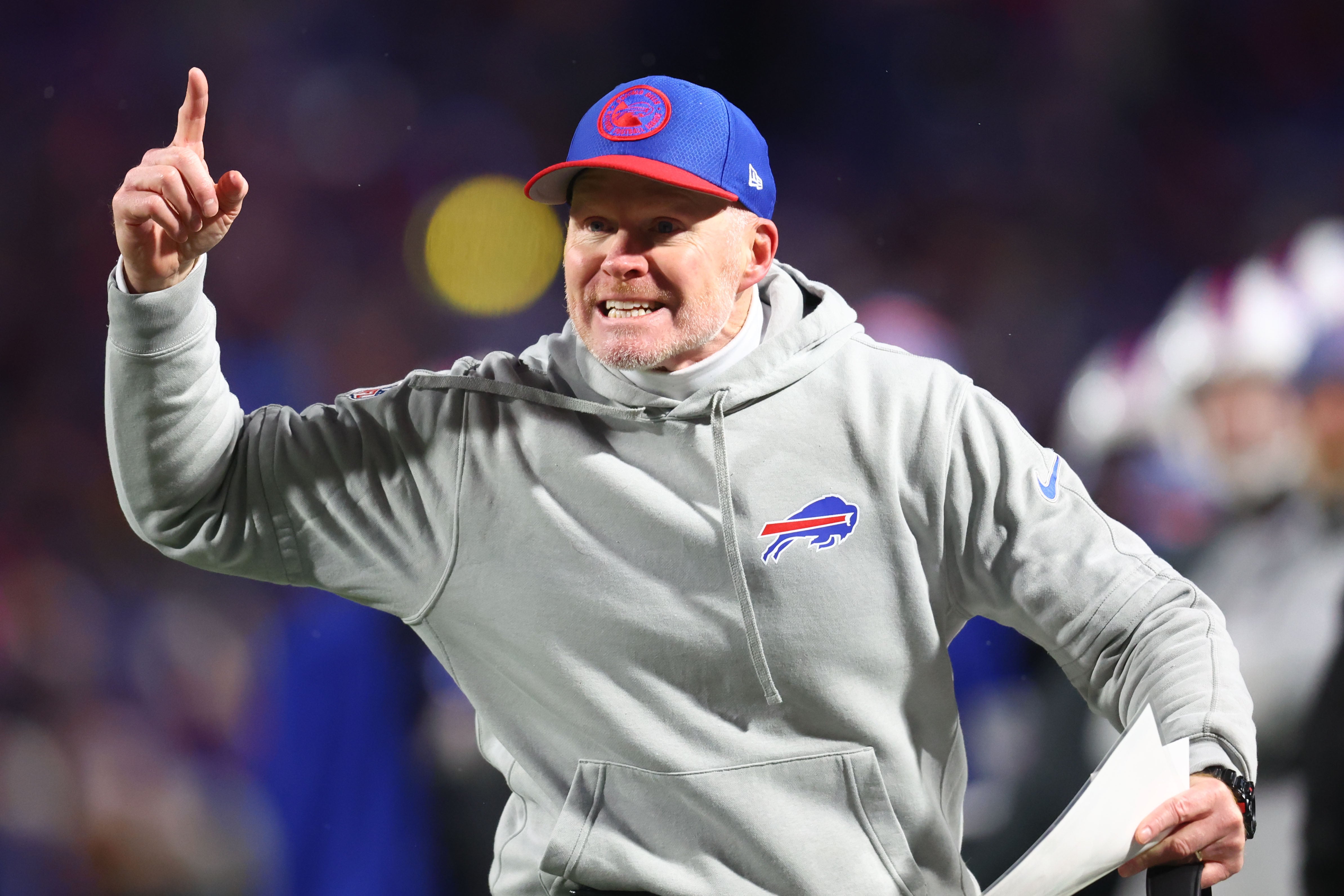 Jan 21, 2024; Orchard Park, New York, USA; Buffalo Bills head coach Sean McDermott reacts against the Kansas City Chiefs during the second half for the 2024 AFC divisional round game at Highmark Stadium.
