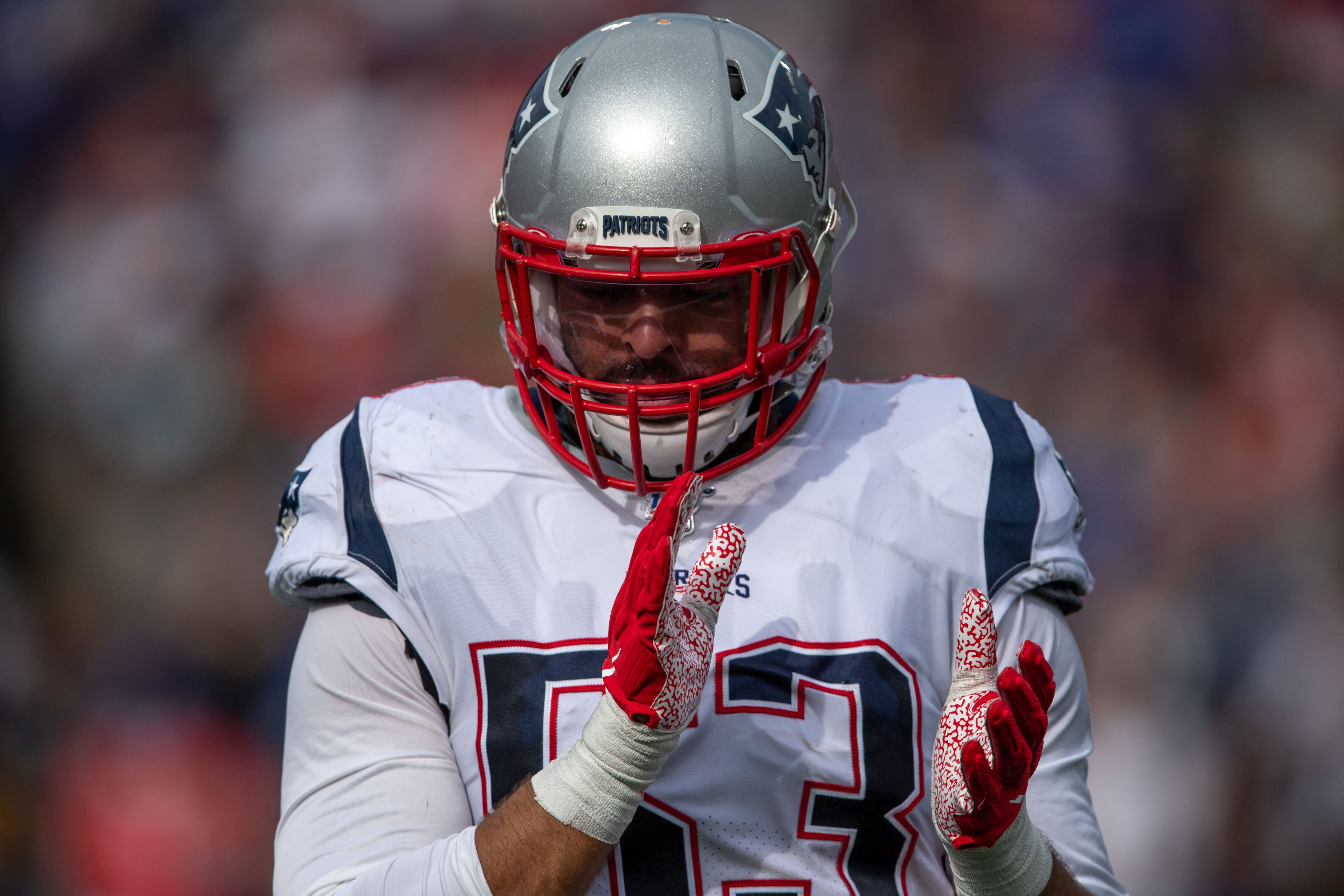 Sep 29, 2019; Orchard Park, NY, USA; New England Patriots middle linebacker Kyle Van Noy (53) reacts during the third quarter against the Buffalo Bills at New Era Field.