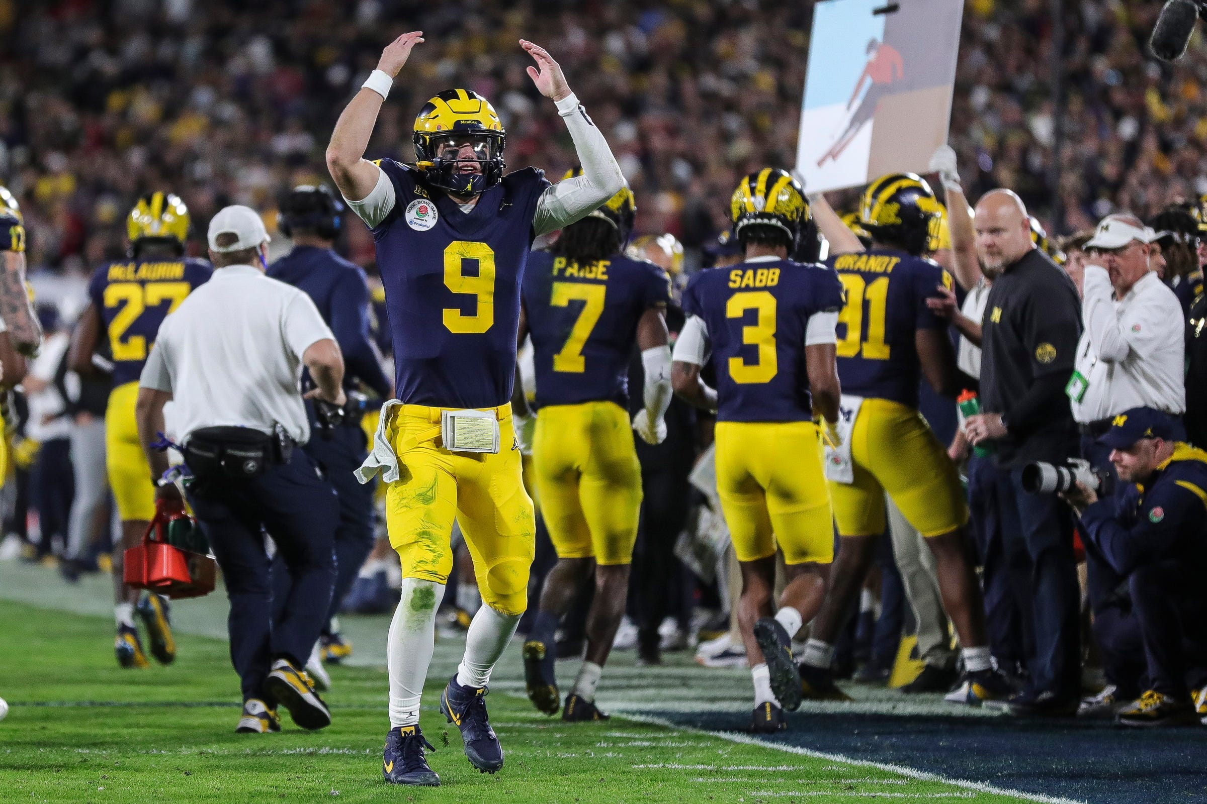 Michigan quarterback J.J. McCarthy celebrates a play against Alabama during overtime of the Rose Bowl in Pasadena, Calif., on Monday, Jan. 1, 2024