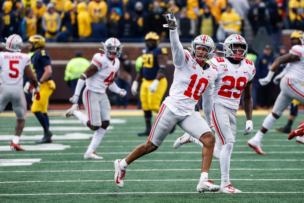 Ohio State cornerback Amir Riep (10) celebrates his interception against Michigan during the second half at Michigan Stadium