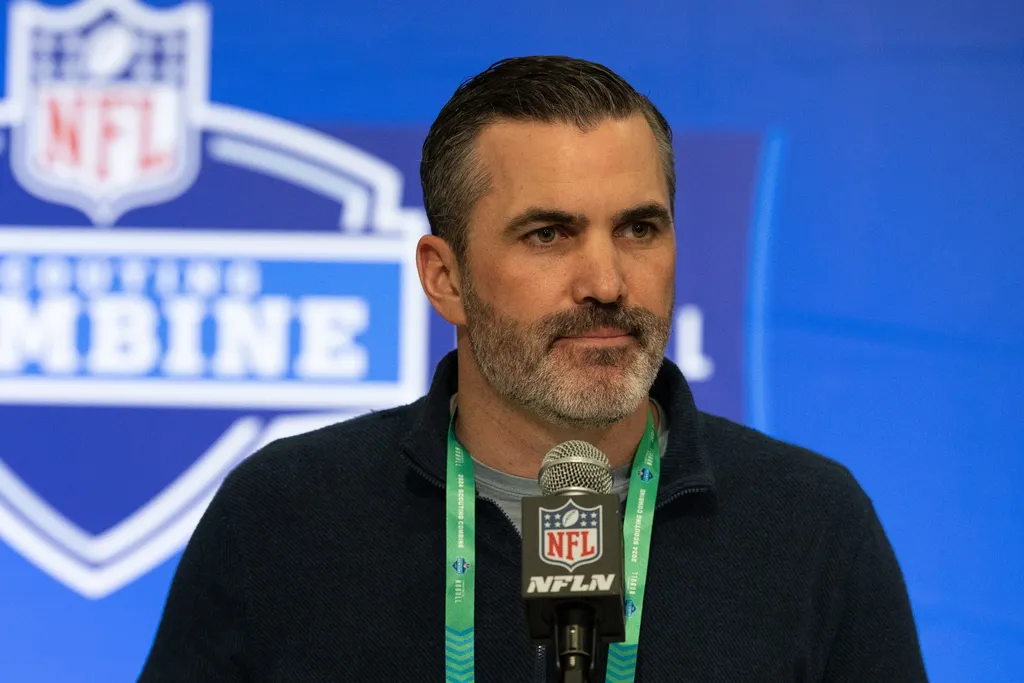 Cleveland Browns head coach Kevin Stefanski talks to the media at the 2024 NFL Combine at Indiana Convention Center.
