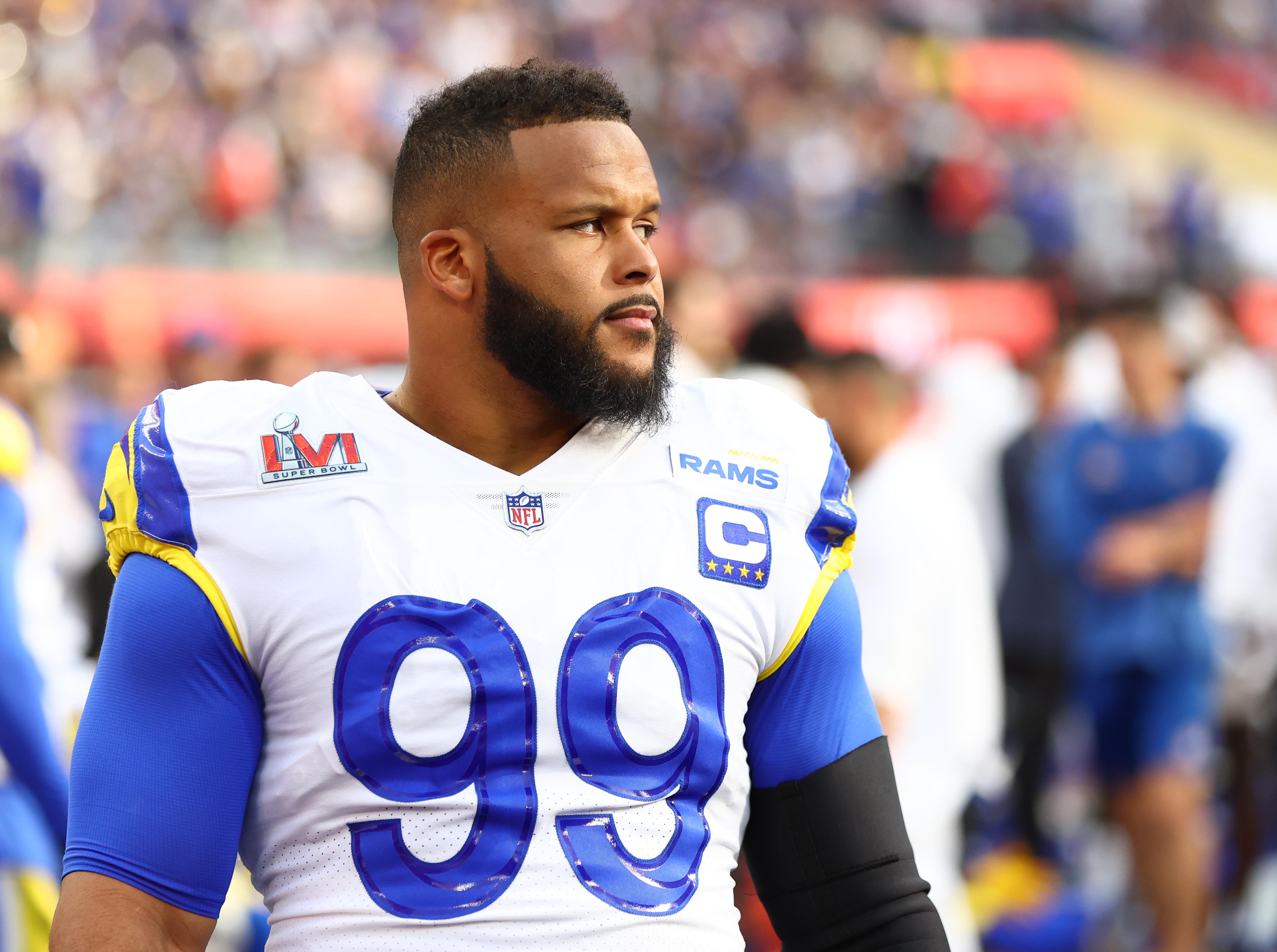 Feb 13, 2022; Inglewood, CA, USA; Los Angeles Rams defensive end Aaron Donald before playing against the Cincinnati Bengals in Super Bowl LVI at SoFi Stadium. Mandatory Credit: Mark J. Rebilas-USA TODAY Sports
