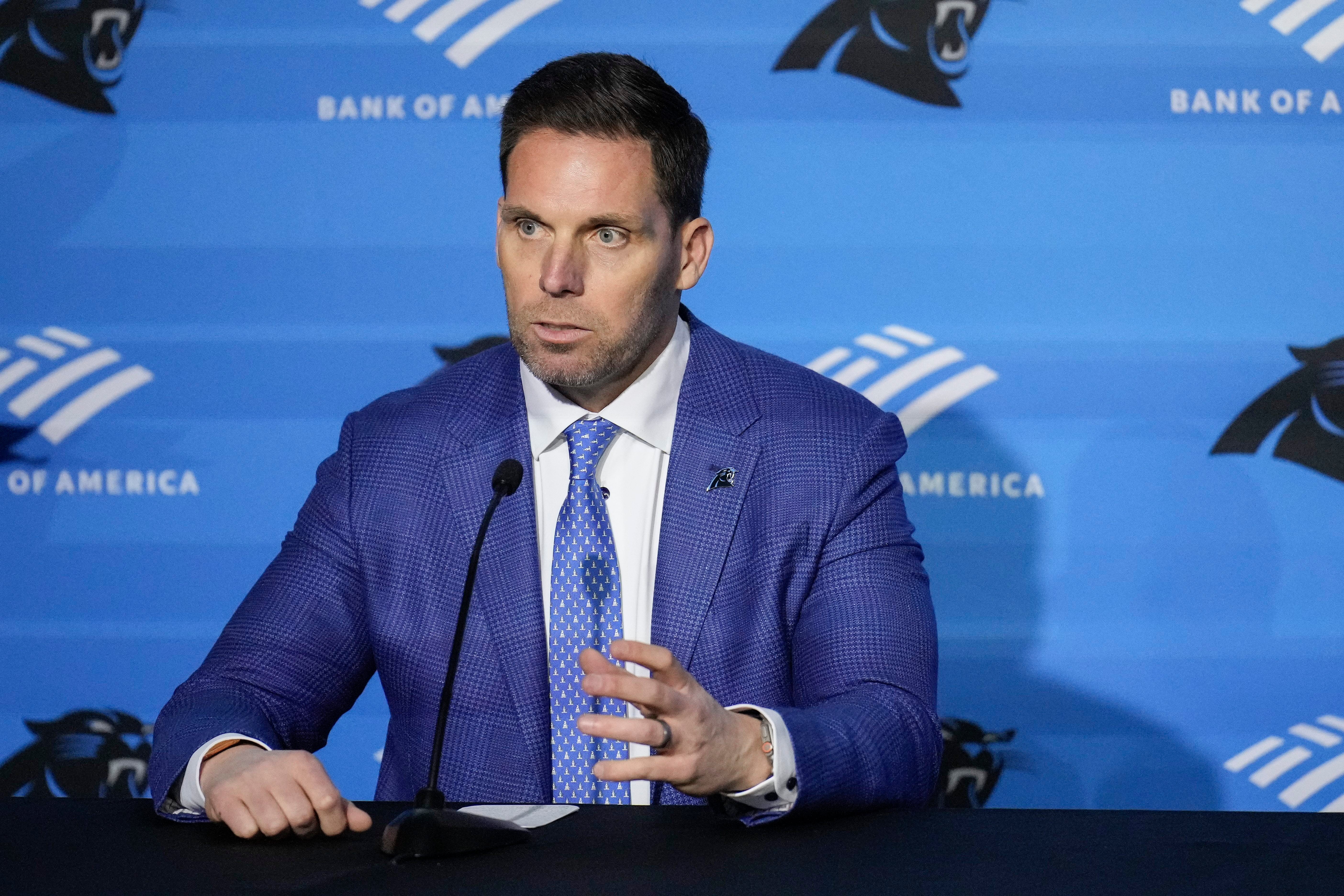 Feb 1, 2024; Charlotte, NC, USA; Carolina Panthers general manager Dan Morgan speaks to the media during the introductory press conference for new head coach Dave Canales at Bank of America Stadium. Mandatory Credit: Jim Dedmon-USA TODAY Sports