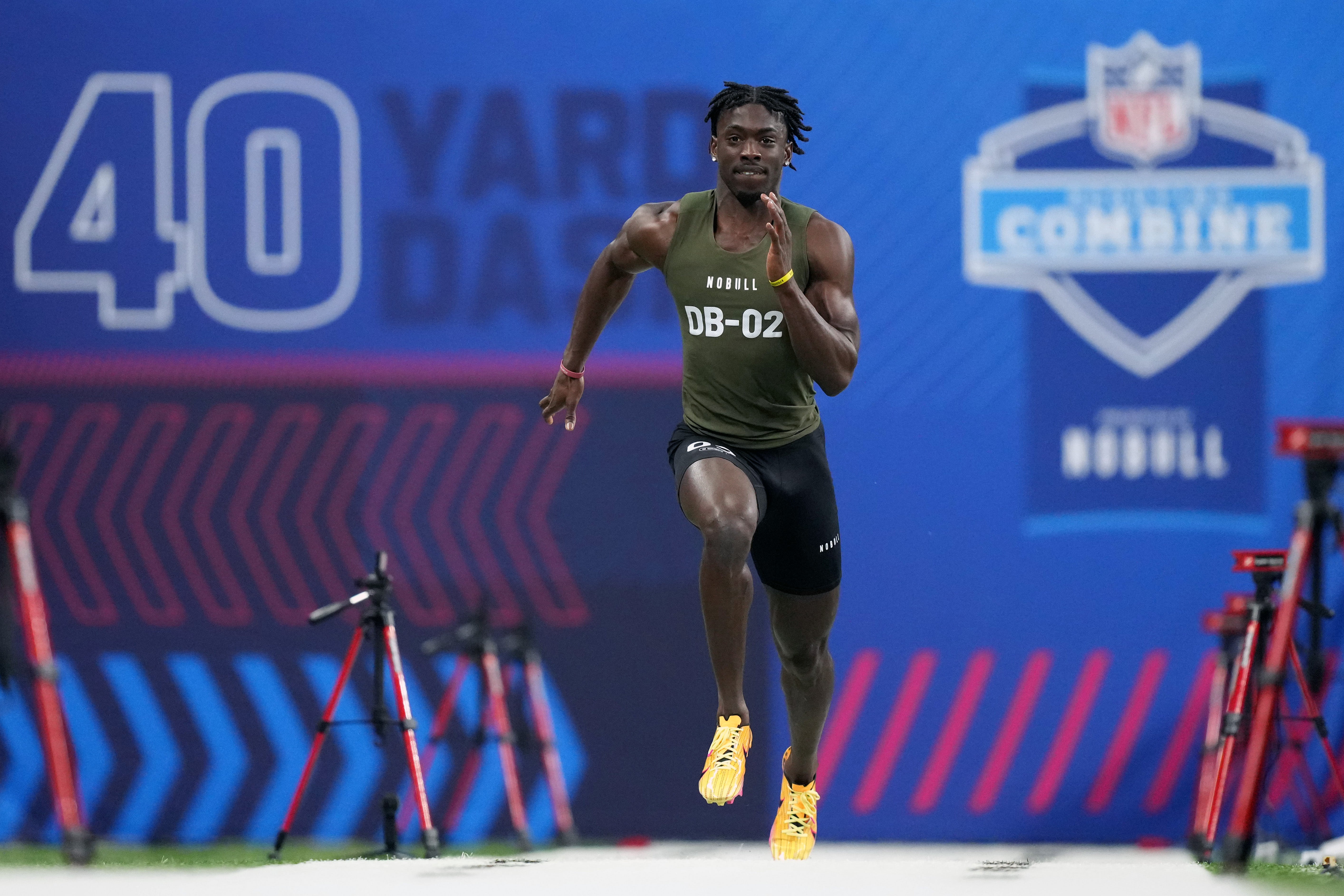 Mar 1, 2024; Indianapolis, IN, USA; Alabama defensive back Terrion Arnold (DB02) works out during the 2024 NFL Combine at Lucas Oil Stadium.