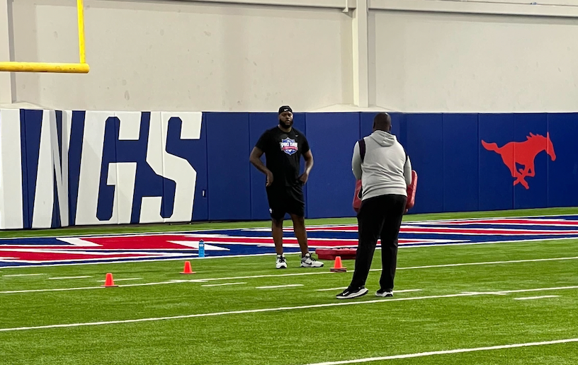 The Patriots take a closer look at SMU OT Hyrin White at Pro Day