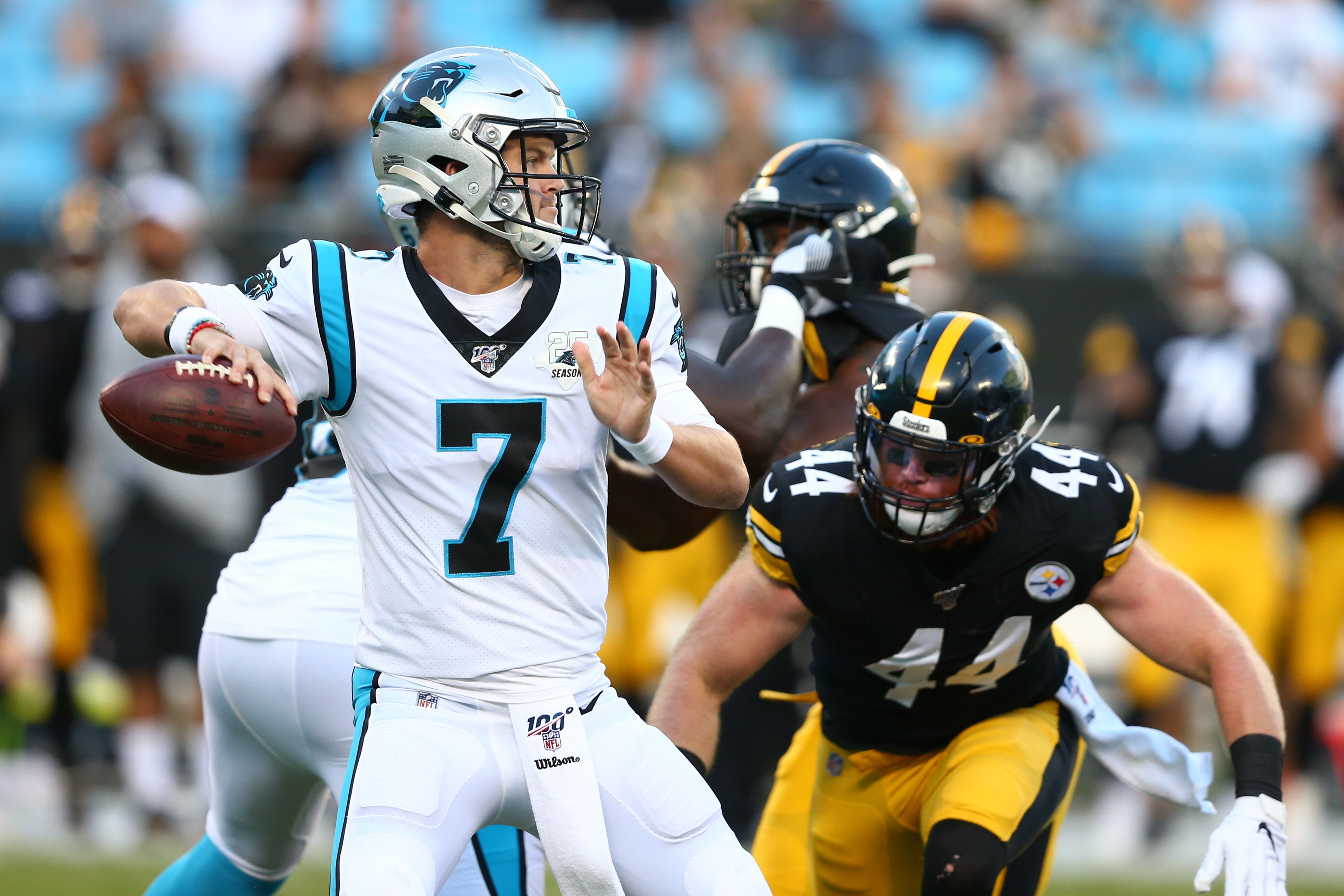 Aug 29, 2019; Charlotte, NC, USA; Carolina Panthers quarterback Kyle Allen (7) passes the ball while under pressure by Pittsburgh Steelers inside linebacker Tyler Matakevich (44) during the first quarter at Bank of America Stadium. Mandatory Credit: Jeremy Brevard-USA TODAY Sports