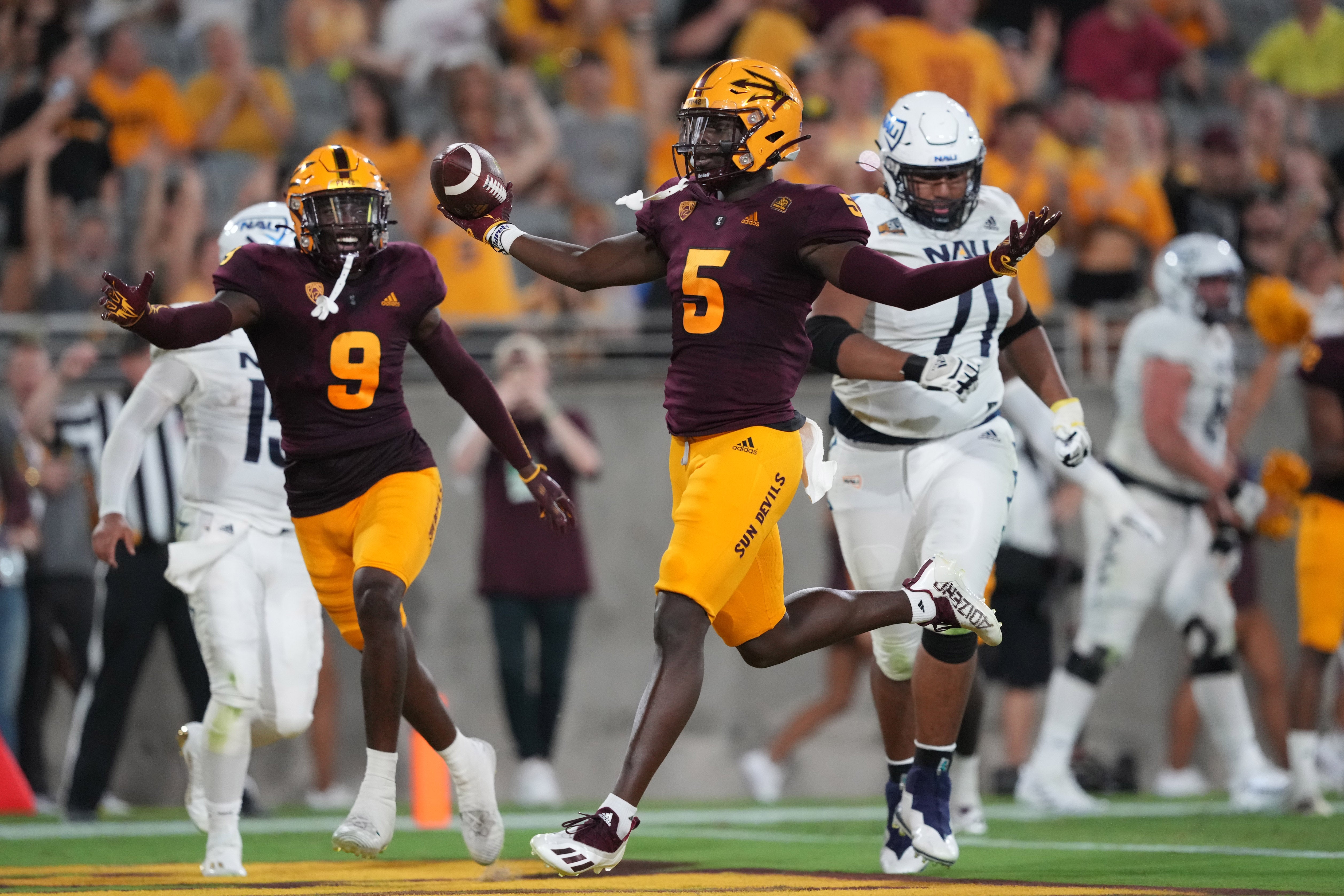 Sep 1, 2022; Tempe, Arizona, USA; Arizona State Sun Devils defensive back Chris Edmonds (5) celebrates an interception against the Northern Arizona Lumberjacks during the second half at Sun Devil Stadium.
