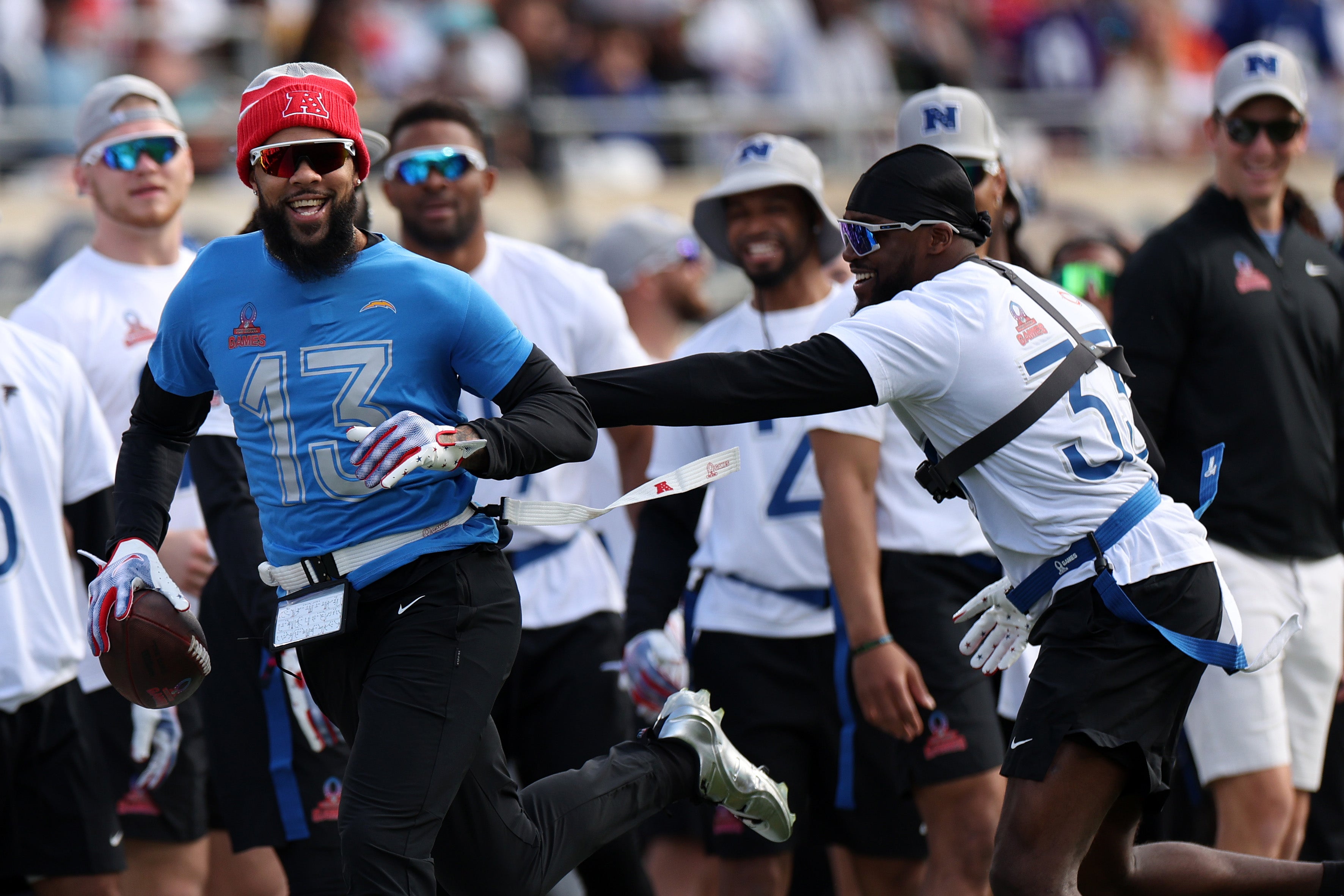 Feb 4, 2024; Orlando, FL, USA; AFC wide receiver Keenan Allen (13) of the Los Angeles Chargers makes a catch during the 2024 Pro Bowl at Camping World Stadium.