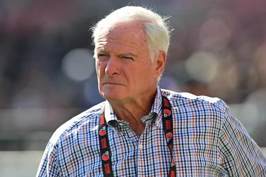 Cleveland Browns managing and principal partner Jimmy Haslam walks on the field before the game between the Browns and the Baltimore Ravens at Cleveland Browns Stadium.
