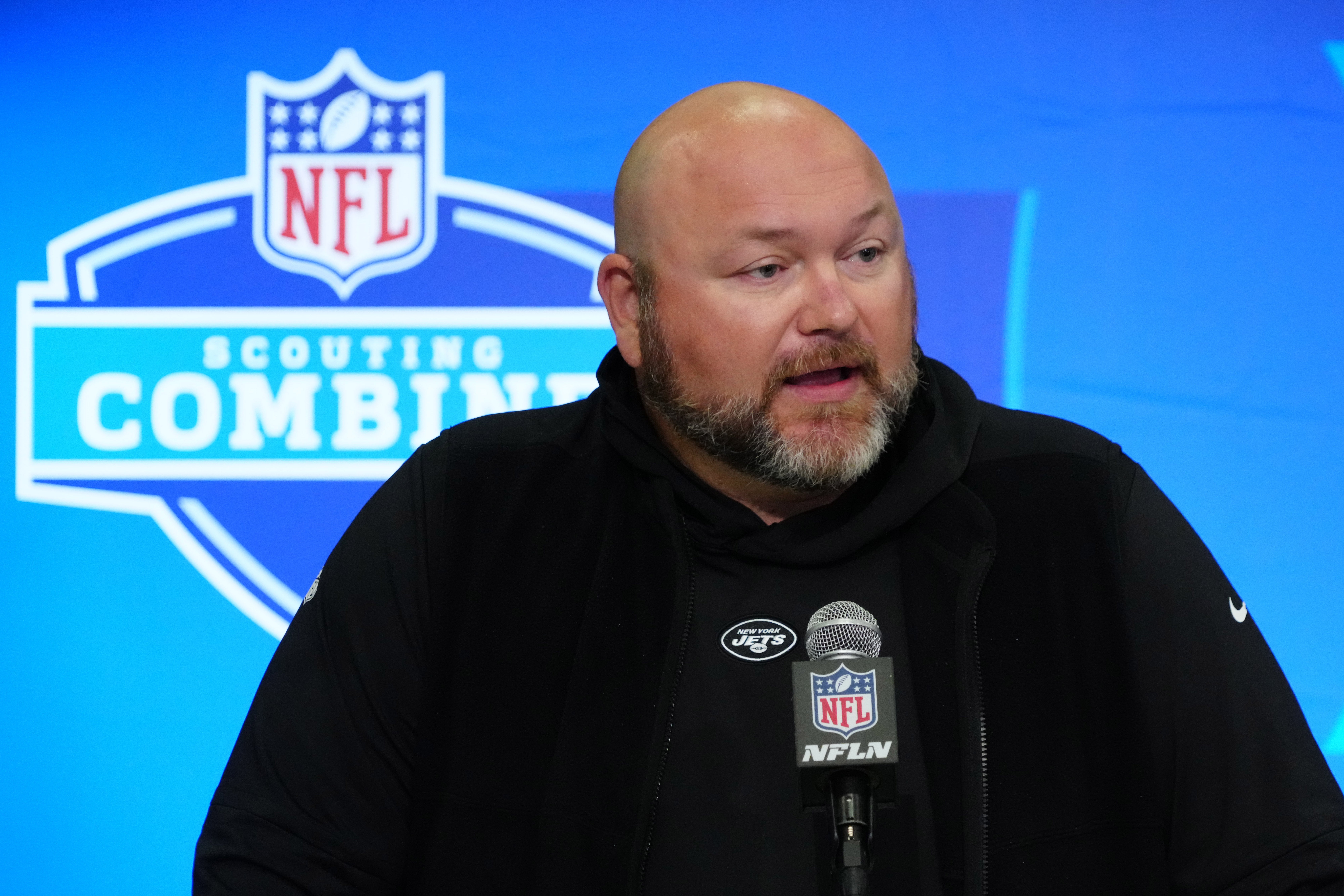 New York Jets general manager Joe Douglas speaks at a press conference at the NFL Scouting Combine at Indiana Convention Center.