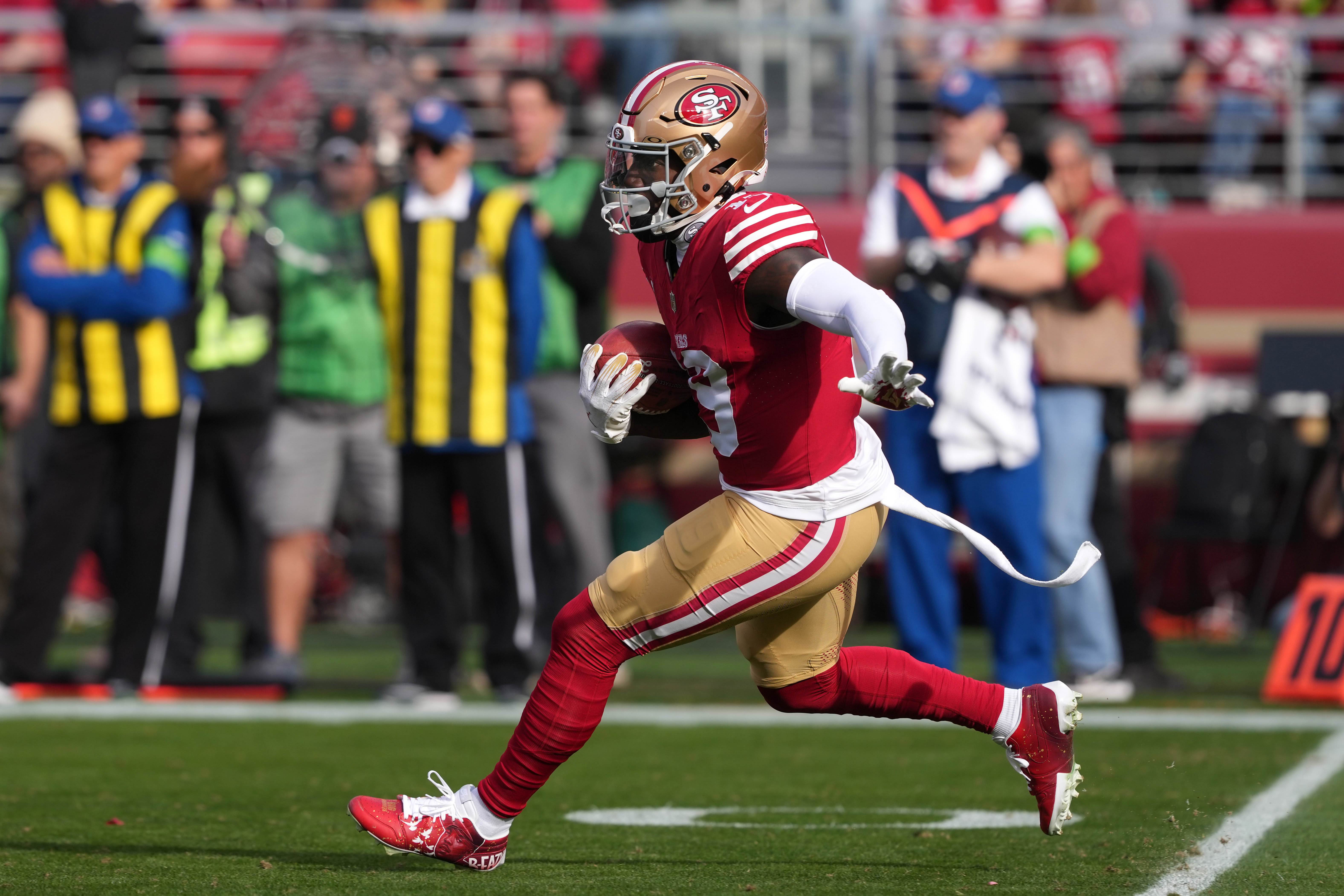 Dec 10, 2023; Santa Clara, California, USA; San Francisco 49ers wide receiver Deebo Samuel (19) returns a kickoff during the first quarter against the Seattle Seahawks at Levi's Stadium.
