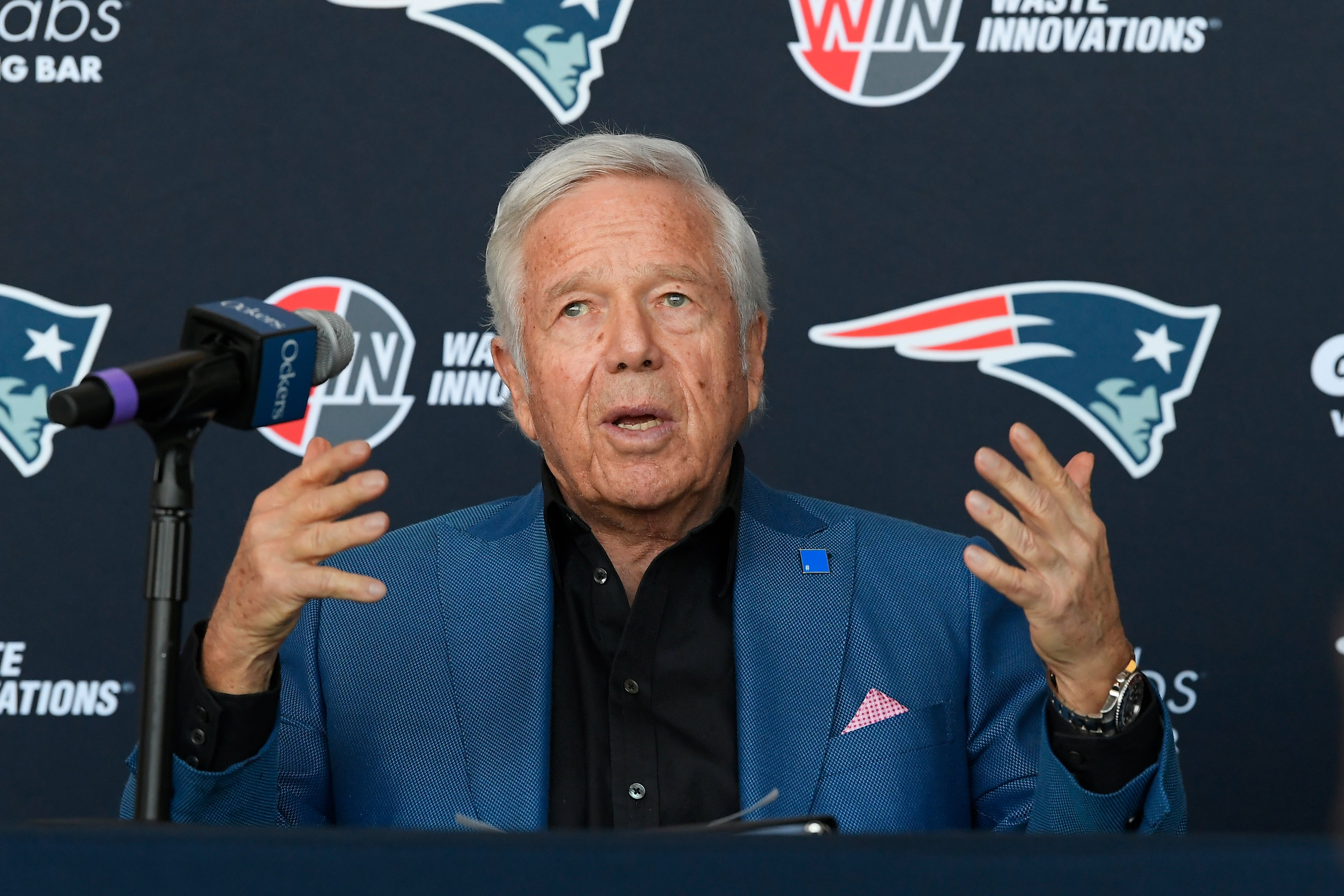 Jan 17, 2024; Foxborough, MA, USA; New England Patriots owner Robert Kraft addresses media on the hiring of new head coach Jerod Mayo (not pictured) at a press conference at Gillette Stadium.