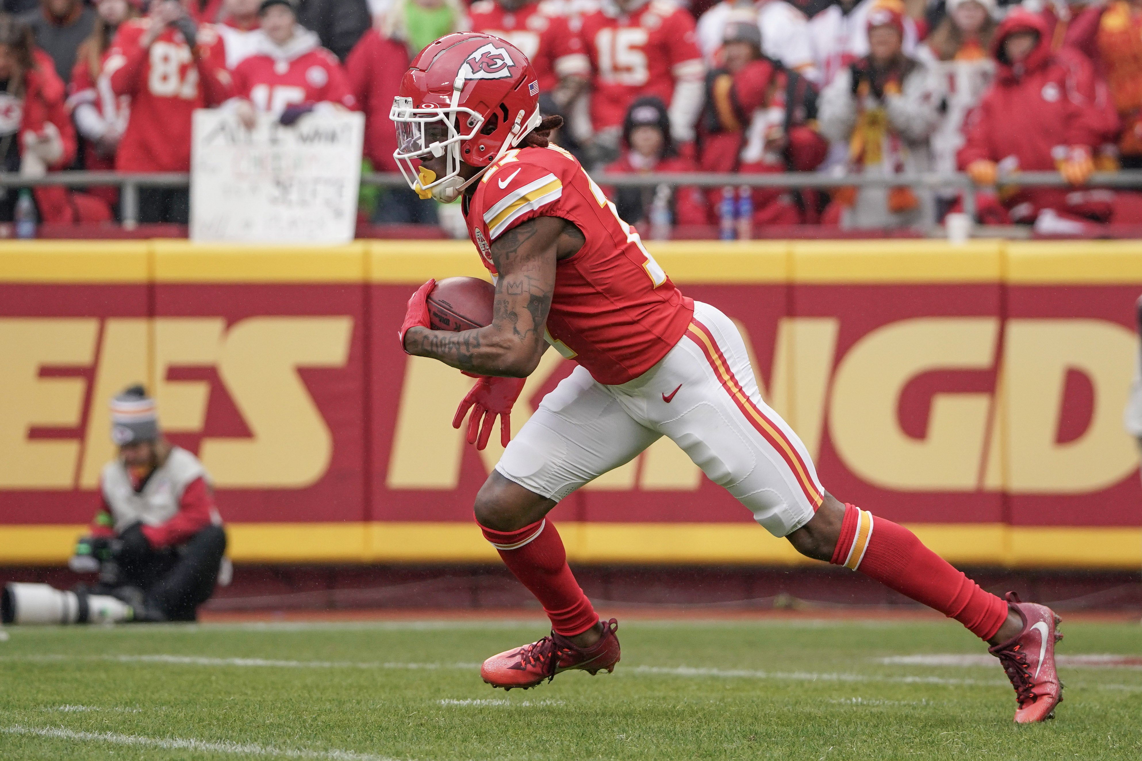 Dec 25, 2023; Kansas City, Missouri, USA; Kansas City Chiefs wide receiver Richie James (17) returns the opening kickoff against the Las Vegas Raiders during the game at GEHA Field at Arrowhead Stadium.