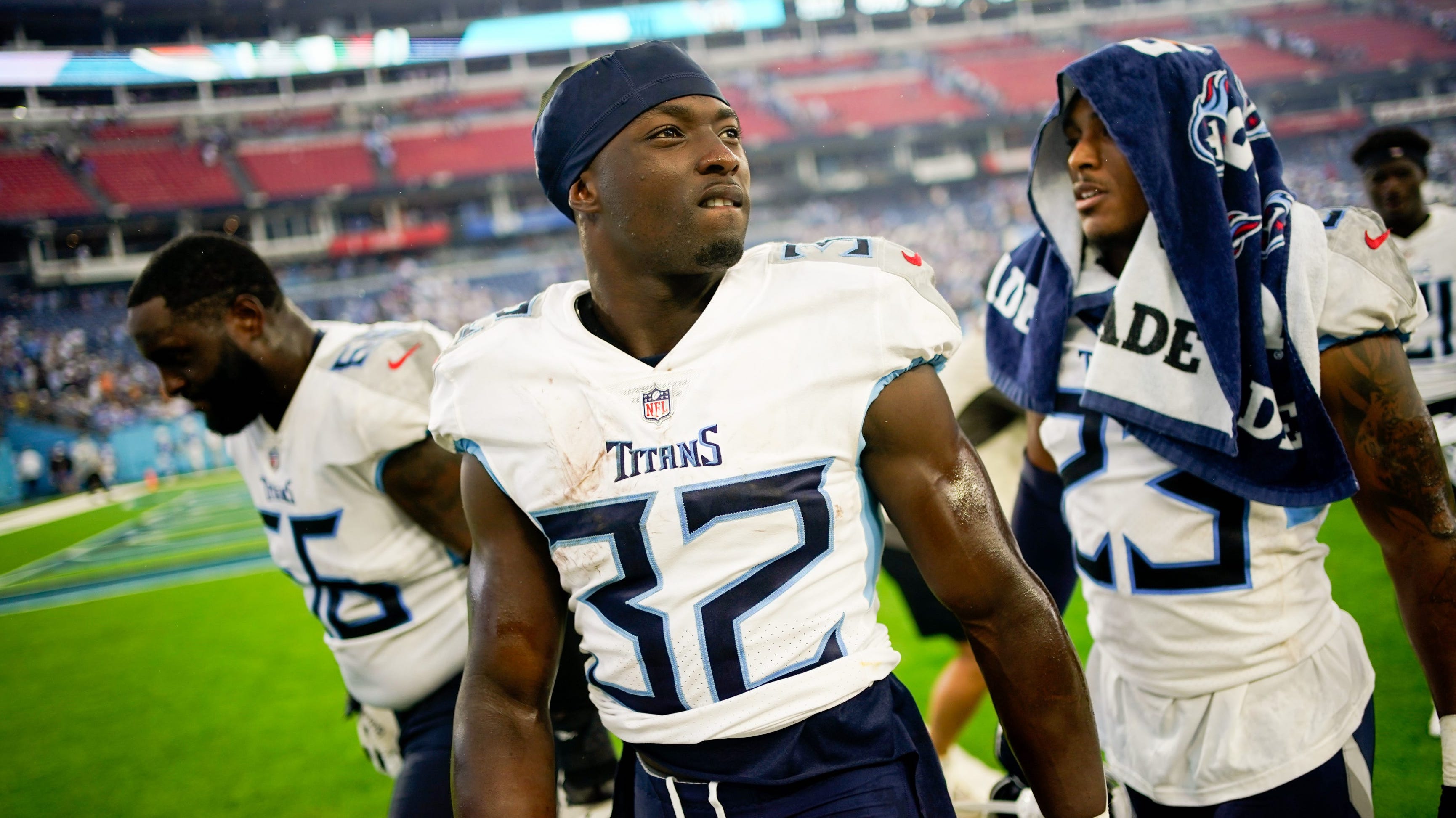 Tennessee Titans running back Tyjae Spears (32) leaves the field after beating the Los Angeles Chargers in overtime at Nissan Stadium in Nashville, Tenn., Sunday, Sept. 17, 2023 Andrew Nelles / Tennessean.com-USA TODAY NETWORK