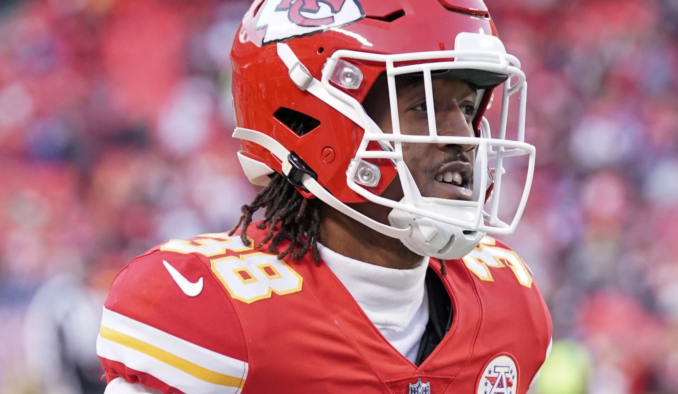 Kansas City Chiefs cornerback L'Jarius Sneed (38) takes the field against the Buffalo Bills to warm up before an AFC Divisional playoff football game at GEHA Field at Arrowhead Stadium. Denny Medley-USA TODAY Sports