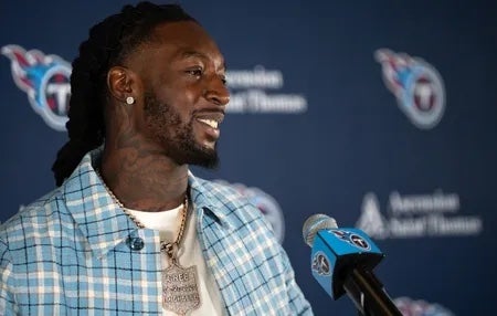 Tennessee Titans newly signed free agent wide receiver Calvin Ridley fields questions during his introduction to the media at Ascension Saint Thomas Sports Park in Nashville, Tenn., Friday, March 15.