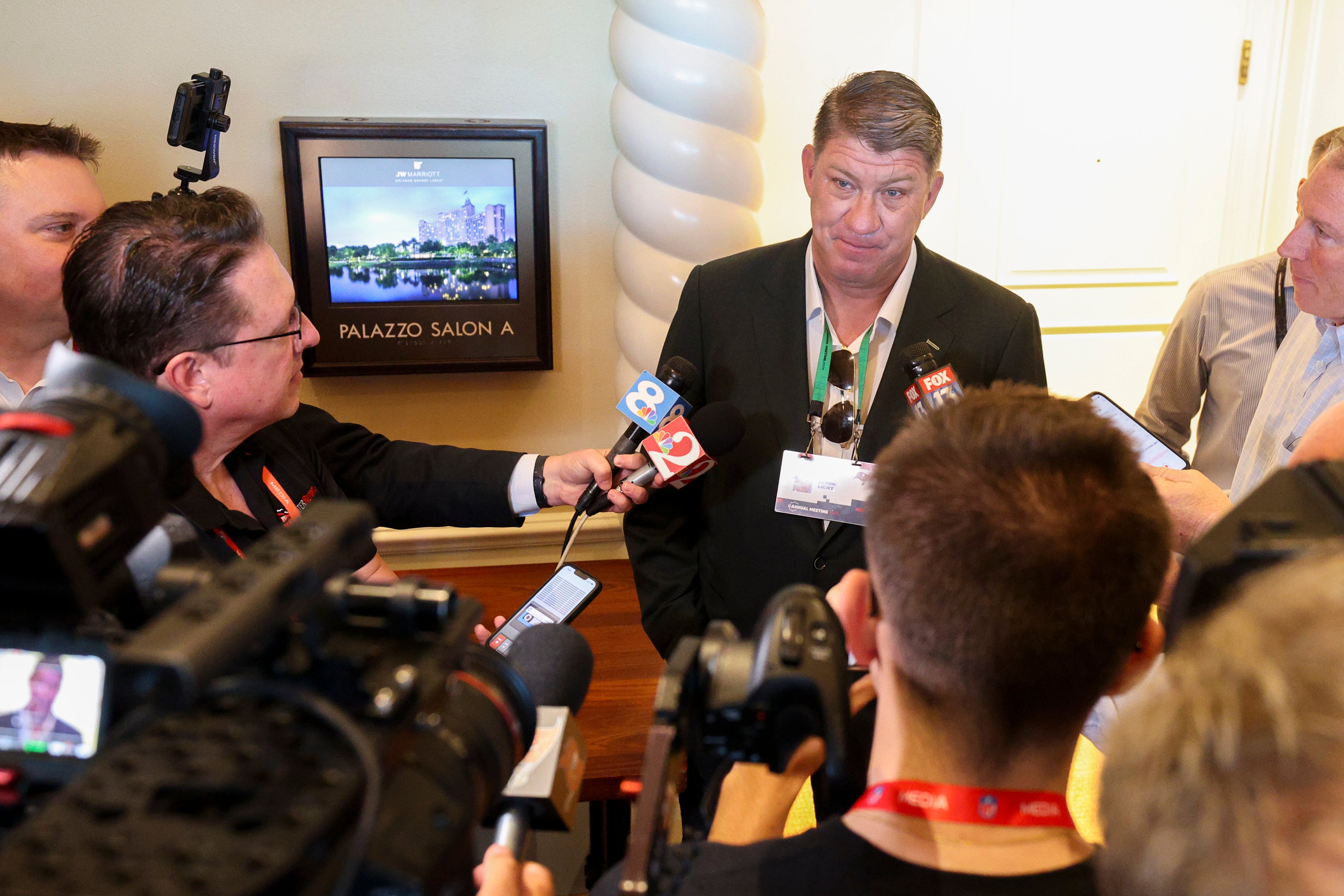 Mar 26, 2024; Orlando, FL, USA; Tampa Bay Buccaneers general manager Jason Licht speaks to media during the NFL annual league meetings at the JW Marriott.