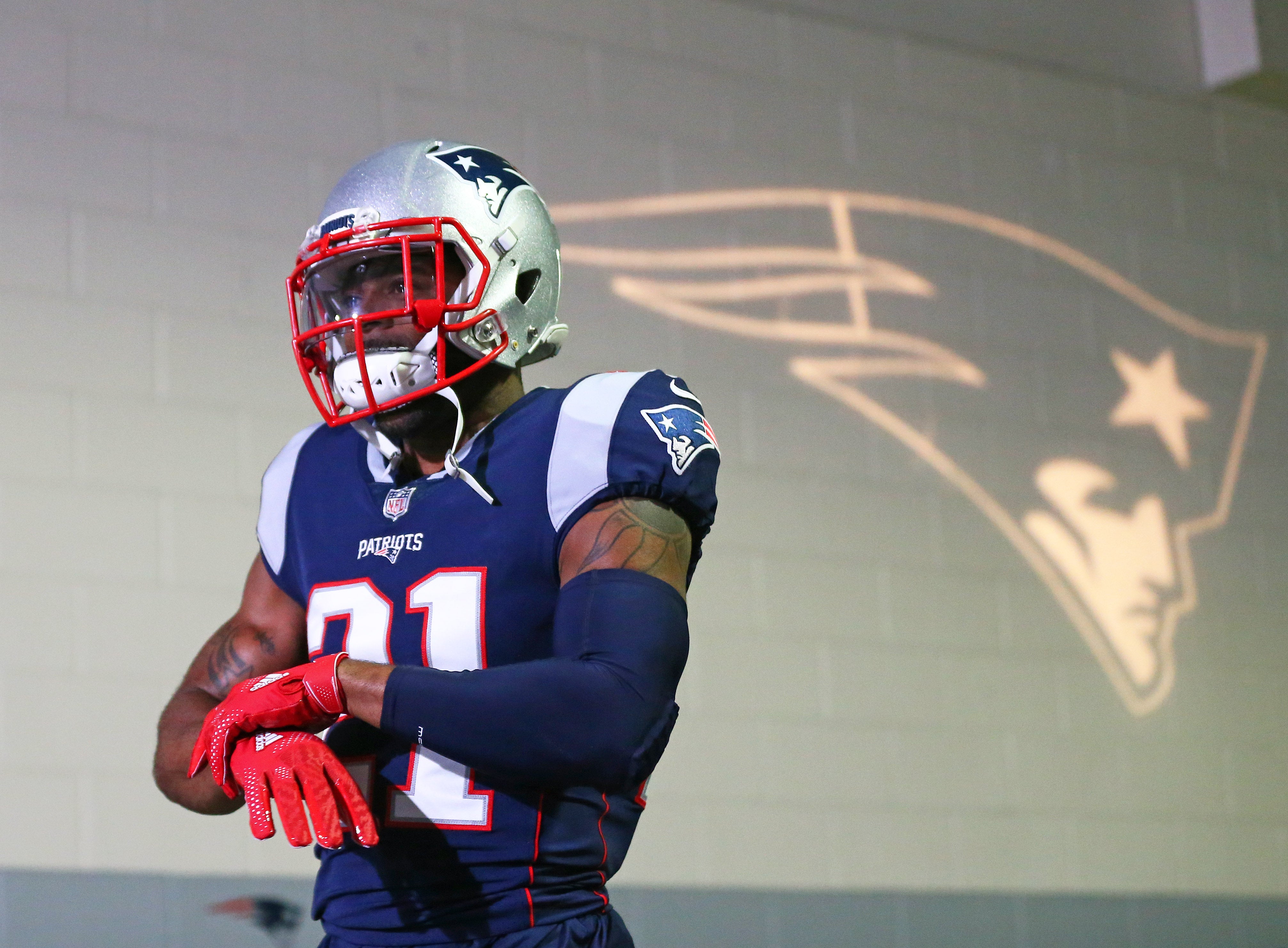 Jan 21, 2018; Foxborough, MA, USA; New England Patriots cornerback Malcolm Butler (21) against the Jacksonville Jaguars during the AFC Championship at Gillette Stadium.