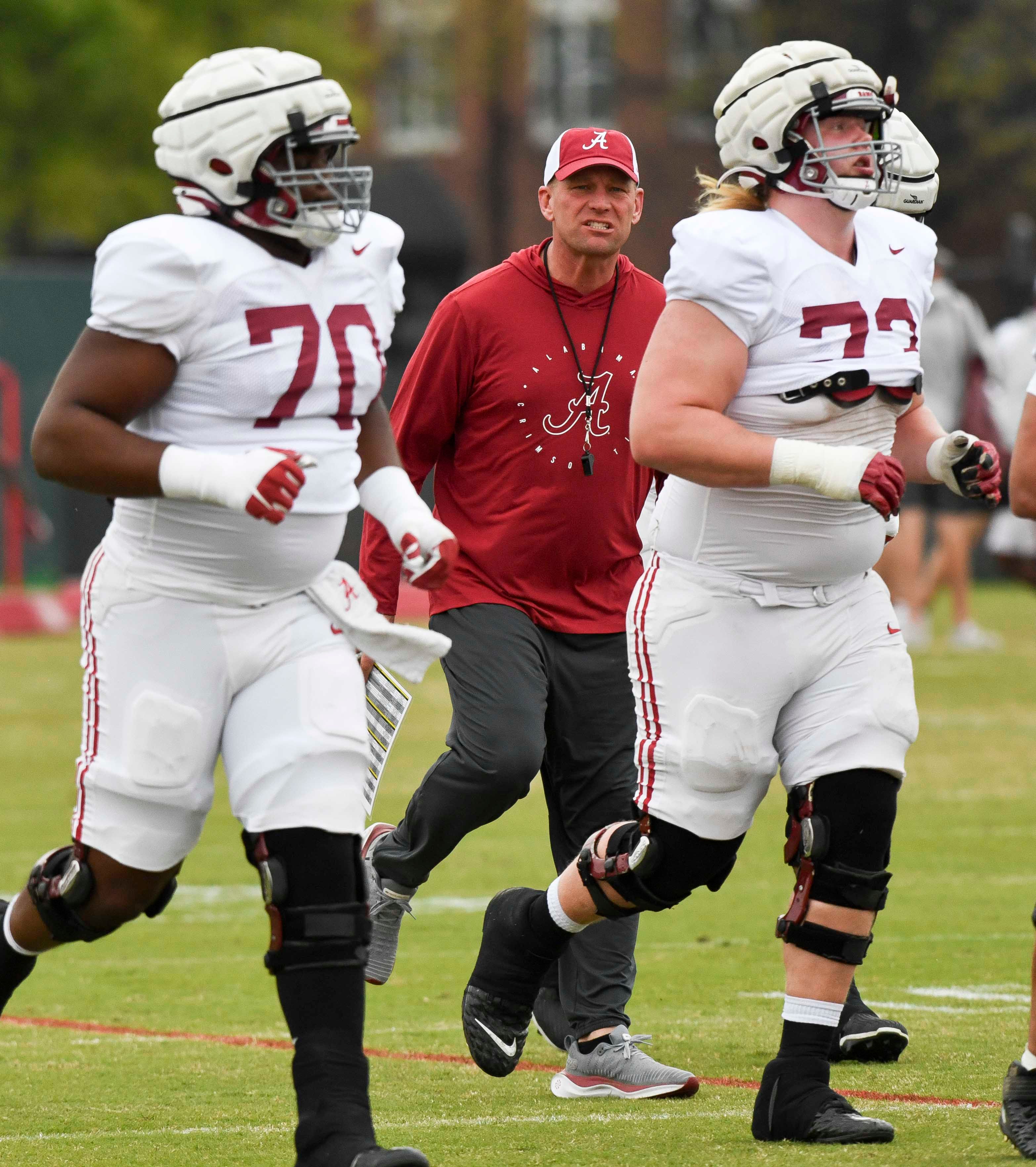 Mar 21, 2024; Tuscaloosa, Alabama, USA; Alabama head coach Kalen DeBoer yells at lineman to run between drill stations during practice at the University Alabama Thursday.