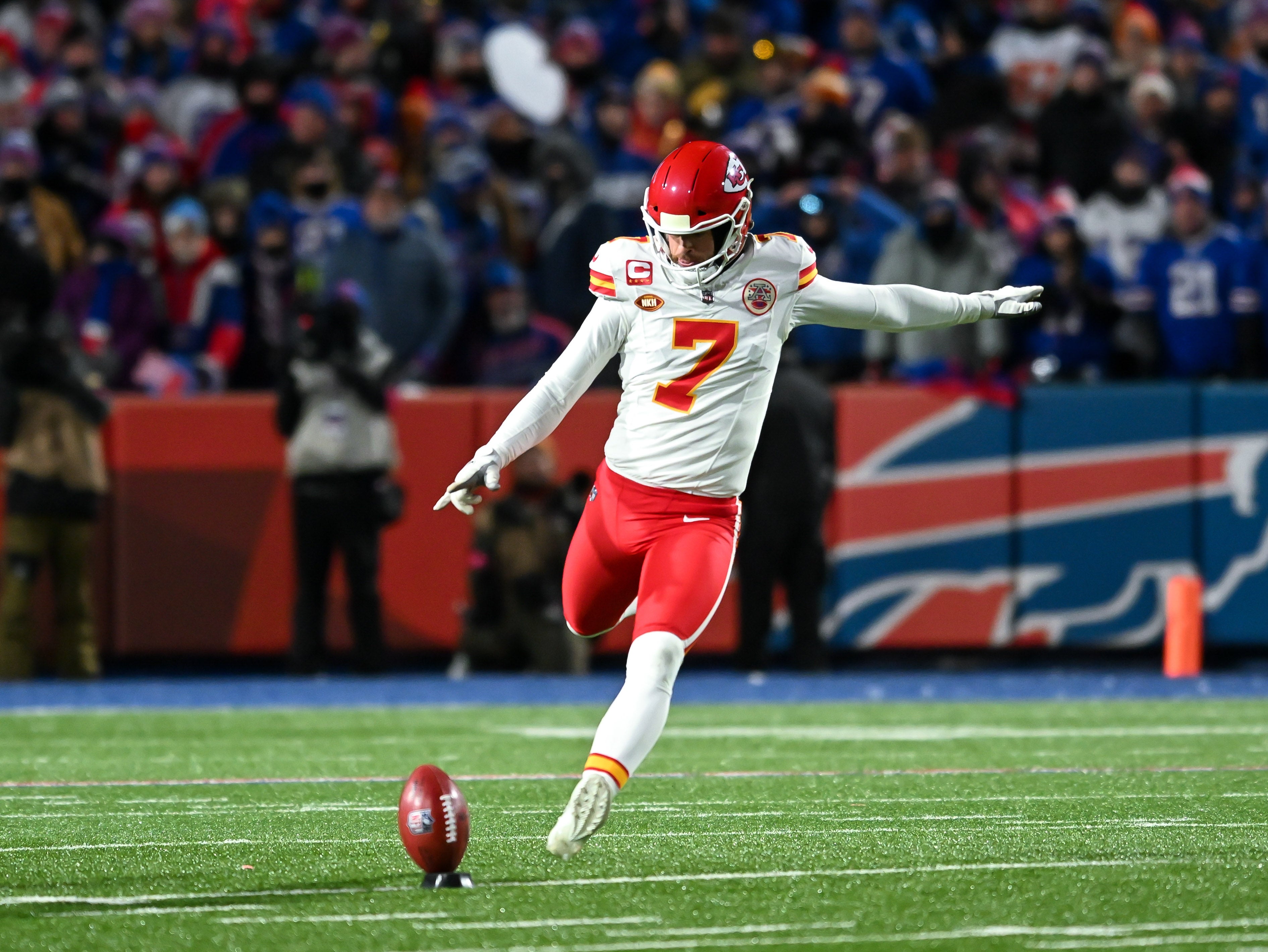 Jan 21, 2024; Orchard Park, New York, USA; Kansas City Chiefs place kicker Harrison Butker (7) in motion for a kickoff in the first half of a 2024 AFC divisional round game against the Buffalo Bills at Highmark Stadium.