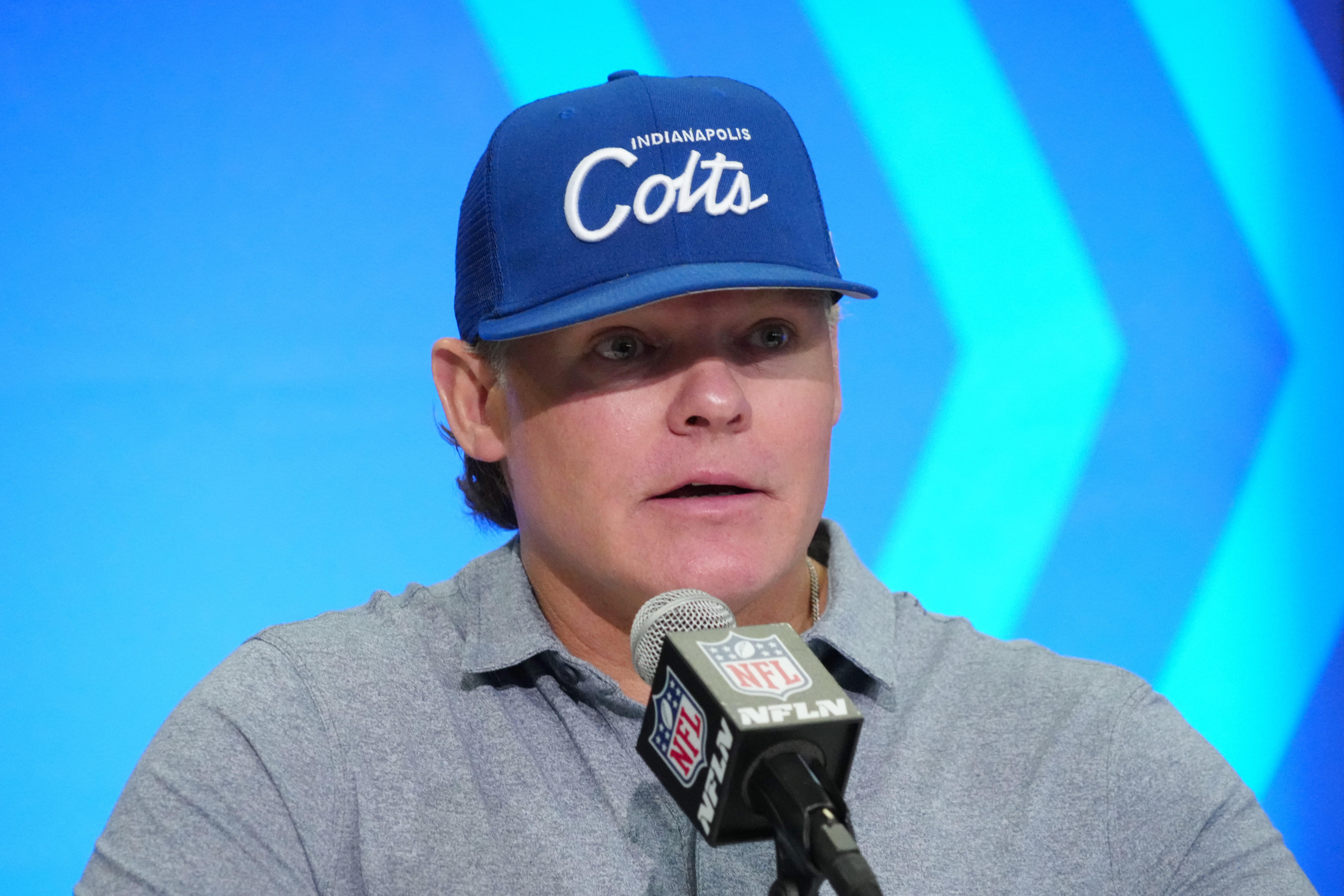Feb 28, 2024; Indianapolis, IN, USA; Indianapolis Colts general manager Chris Ballard speaks at a press conference at the NFL Scouting Combine at Indiana Convention Center.