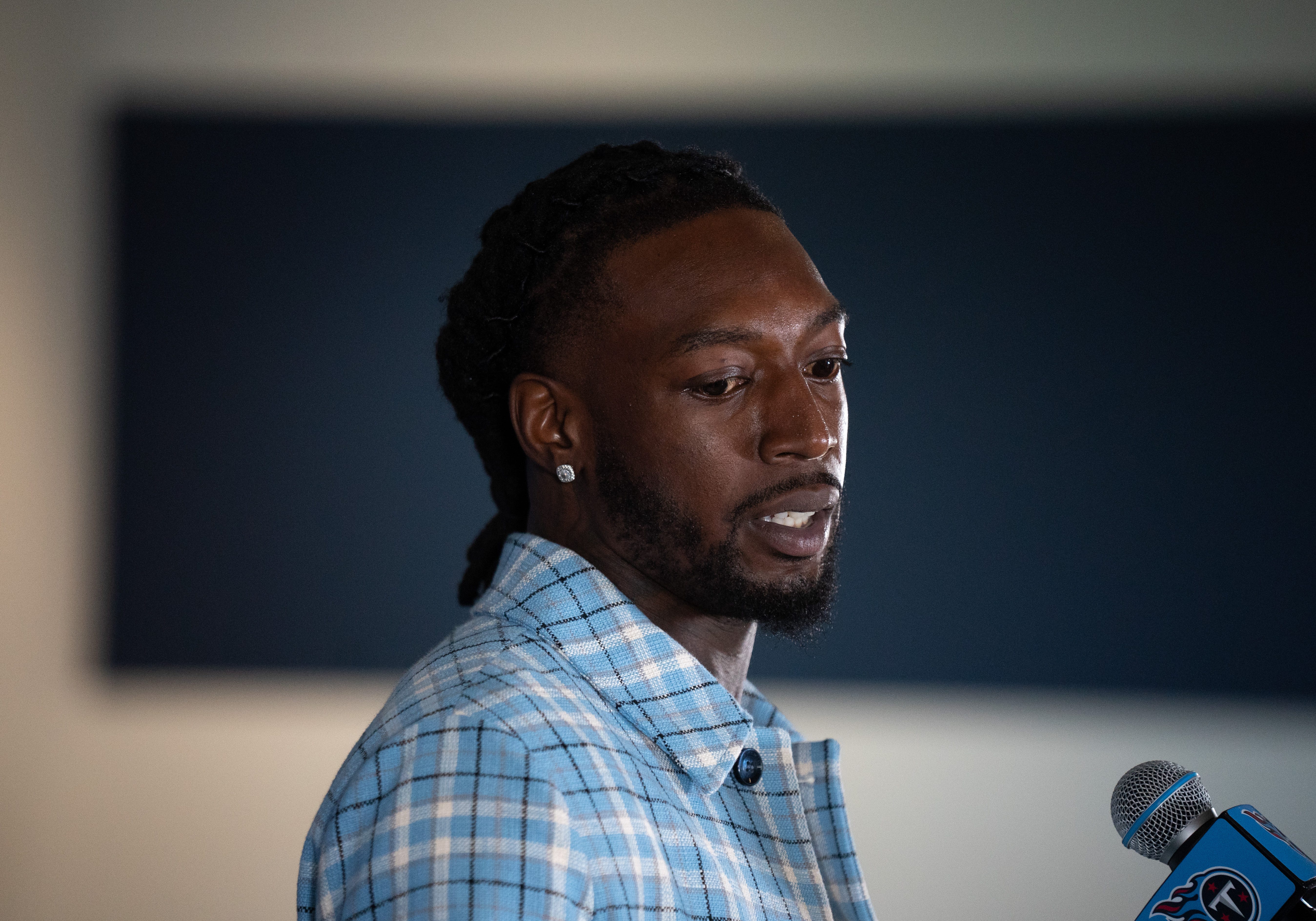 Tennessee Titans newly signed free agent wide receiver Calvin Ridley fields questions during his introduction to the media at Ascension Saint Thomas Sports Park in Nashville, Tenn.