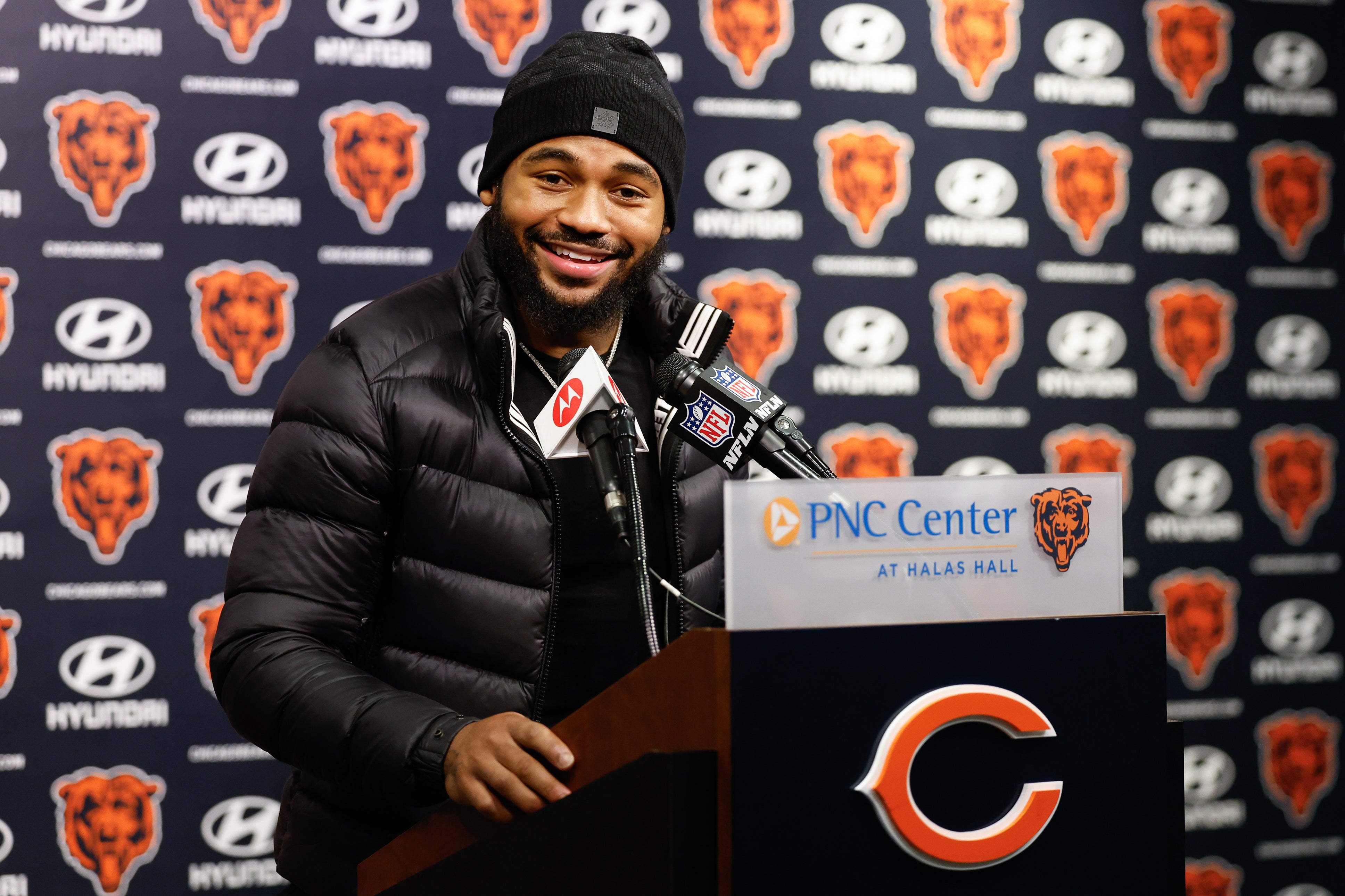 Mar 14, 2024; Lake Forest, IL, USA; Chicago Bears running back D'Andre Swift speaks during a press conference at Halas Hall.