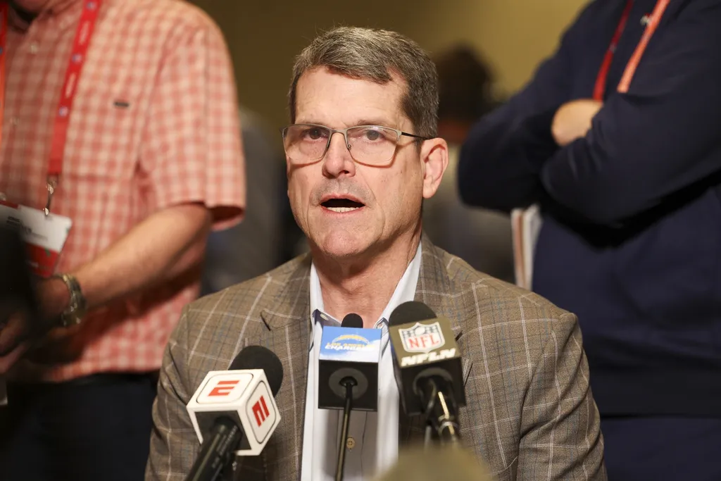 Los Angeles Chargers head coach Jim Harbaugh talks to media during the NFL annual league meetings at the JW Marriott.
