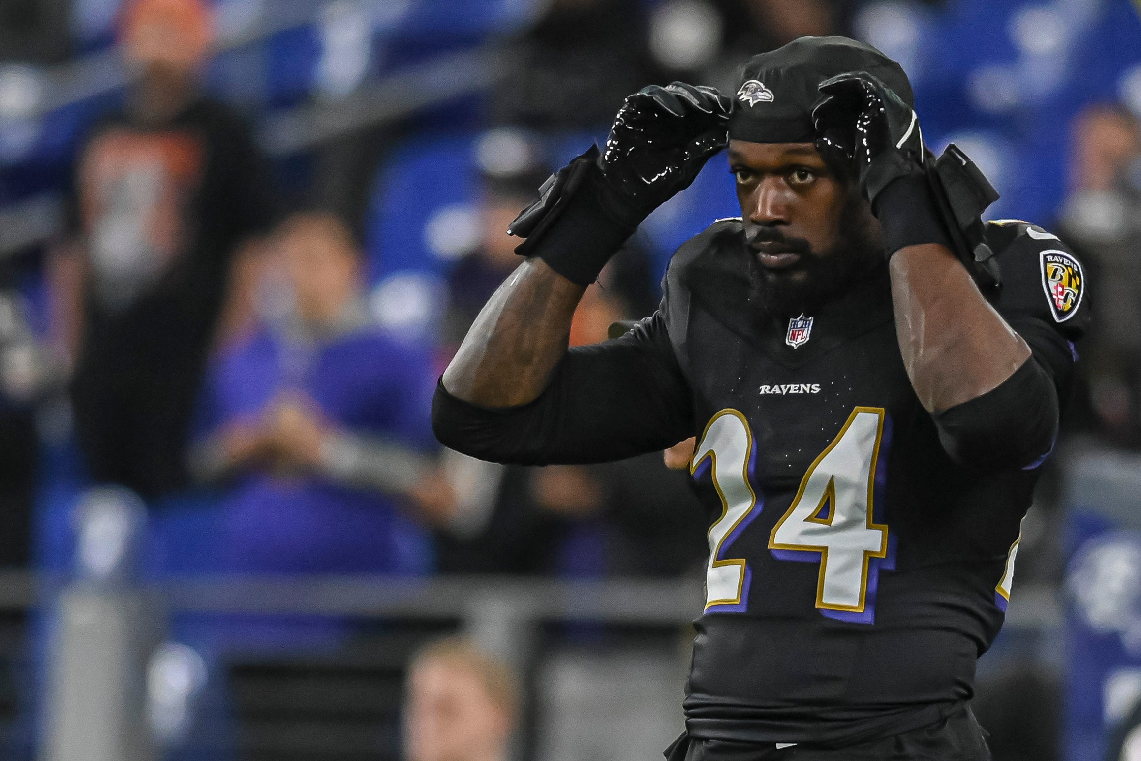 Nov 16, 2023; Baltimore, Maryland, USA; Baltimore Ravens linebacker Jadeveon Clowney (24) before the game against Cincinnati Bengals at M&T Bank Stadium.