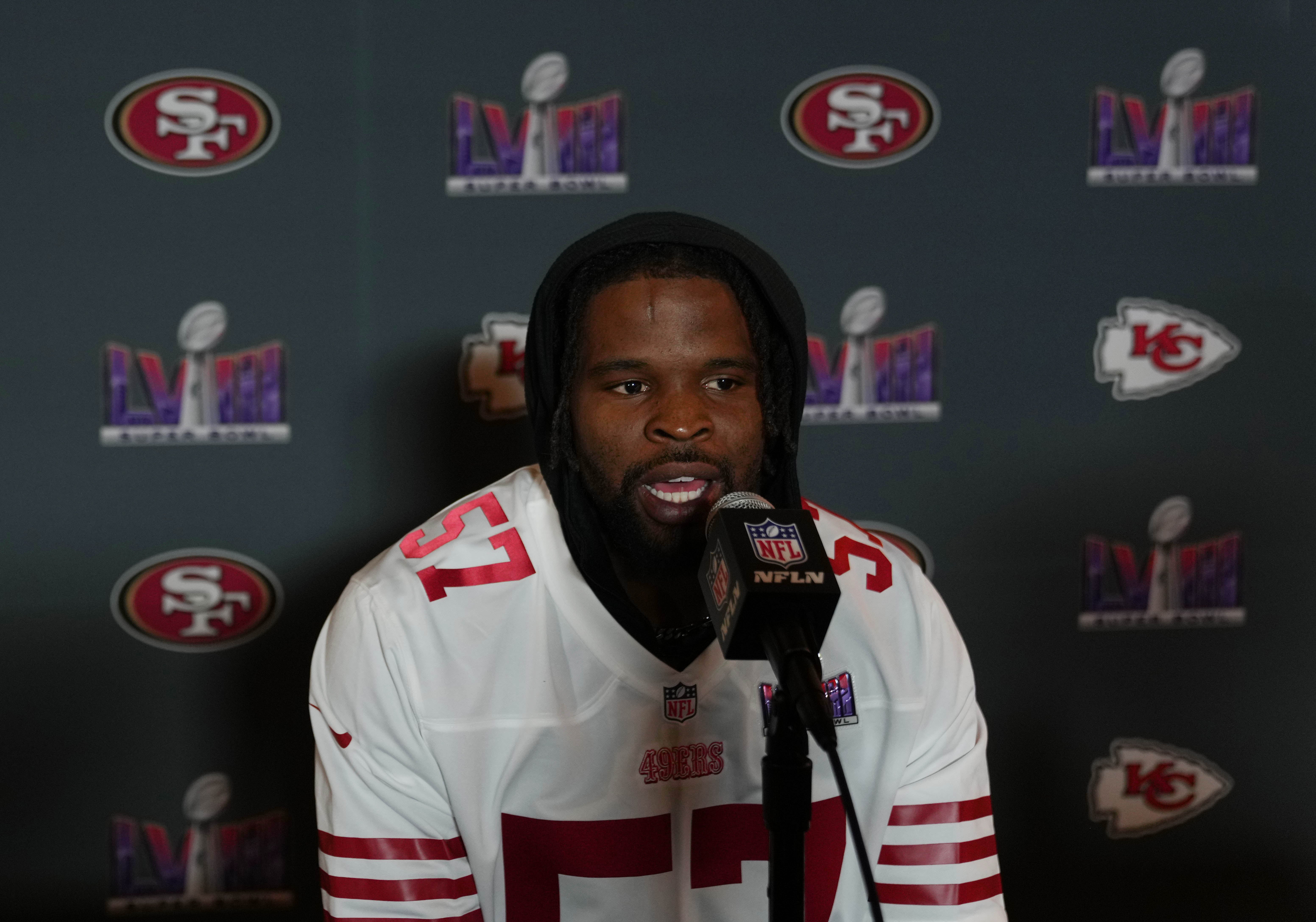 Feb 8, 2024; Las Vegas, NV, USA; San Francisco 49ers linebacker Dre Greenlaw (57) during a press conference before Super Bowl LVIII at Hilton Lake Las Vegas Resort and Spa.