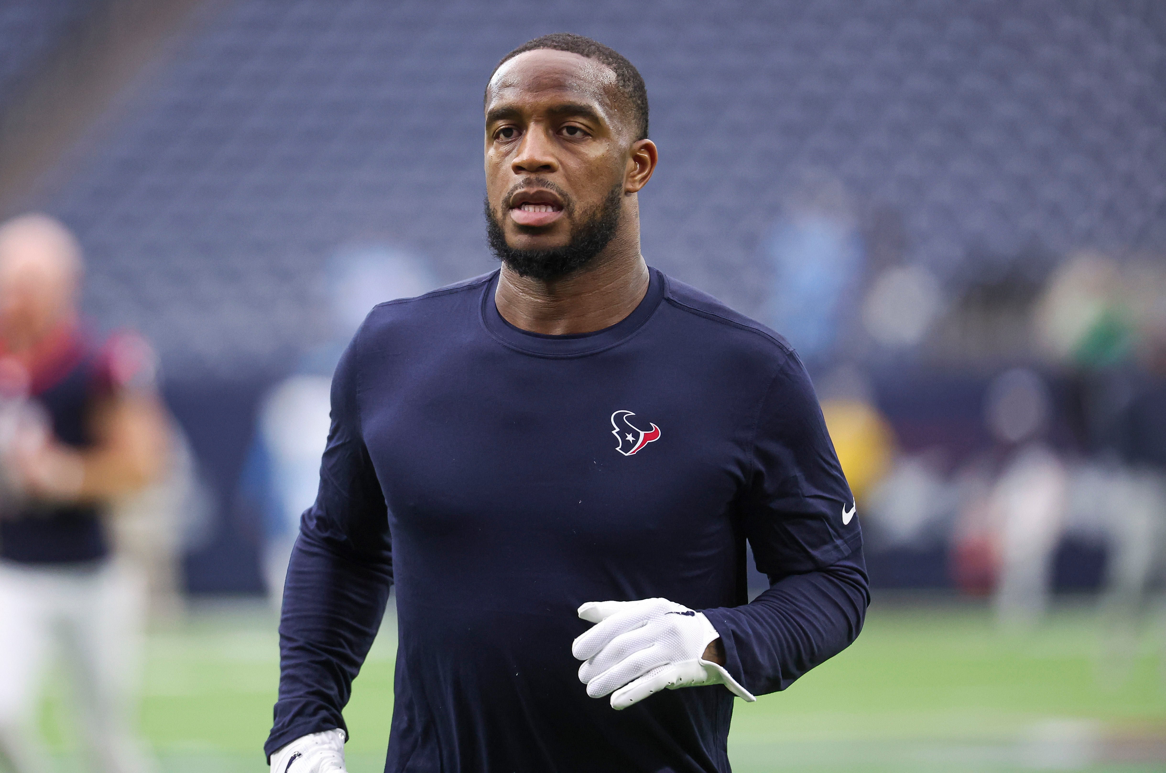 Dec 31, 2023; Houston, Texas, USA; Houston Texans cornerback Kareem Jackson (22) warms up before the game against the Tennessee Titans at NRG Stadium.