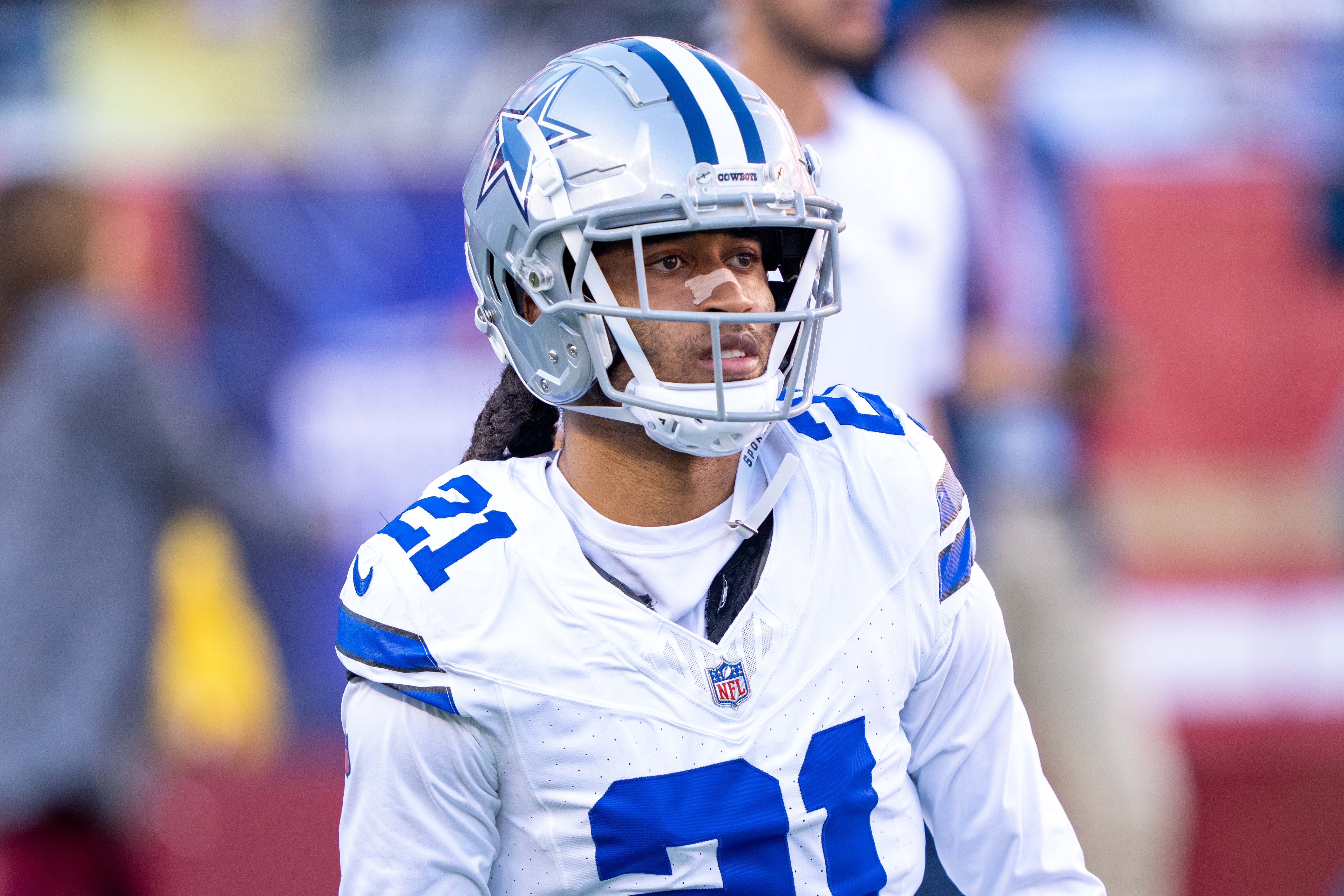 October 8, 2023; Santa Clara, California, USA; Dallas Cowboys cornerback Stephon Gilmore (21) warms up before the game against the San Francisco 49ers at Levi's Stadium. Mandatory Credit: Kyle Terada-USA TODAY Sports