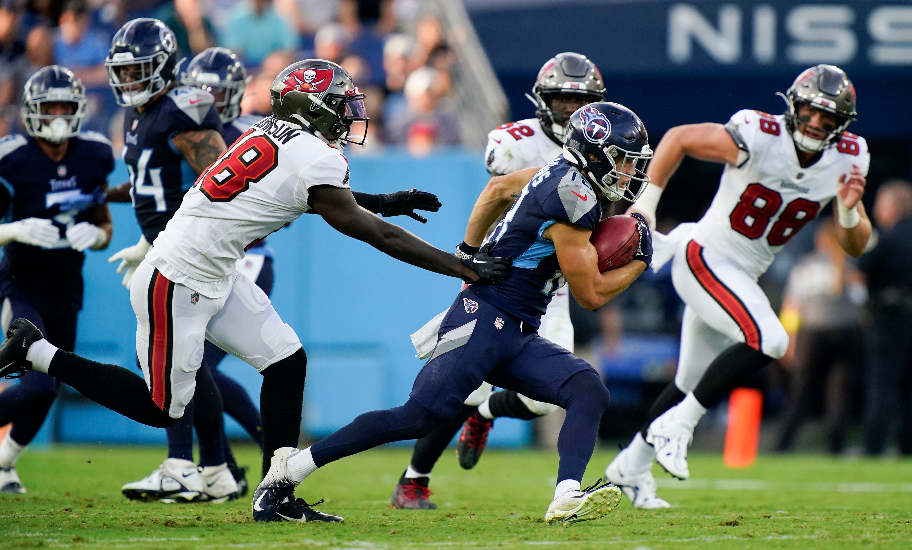 Tennessee Titans wide receiver Kyle Philips (18) races up the field with a punt return during the first quarter of a preseason game against the Tampa Bay Buccaneers at Nissan Stadium Saturday, Aug. 20... George Walker IV-USA TODAY NETWORK