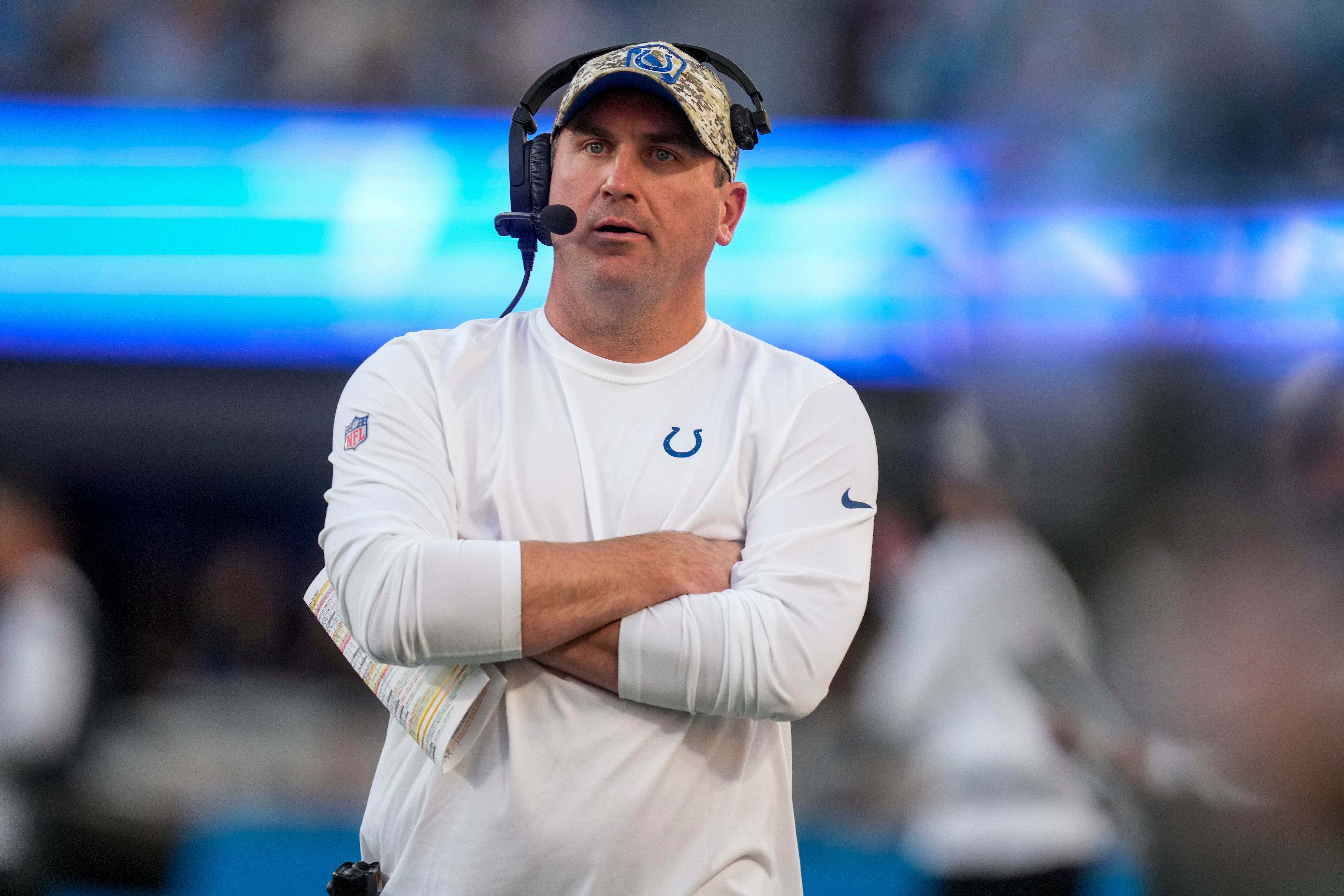 Nov 5, 2023; Charlotte, North Carolina, USA; Indianapolis Colts offensive coordinator Jim Bob Cooter during the second quarter against the Carolina Panthers at Bank of America Stadium.
