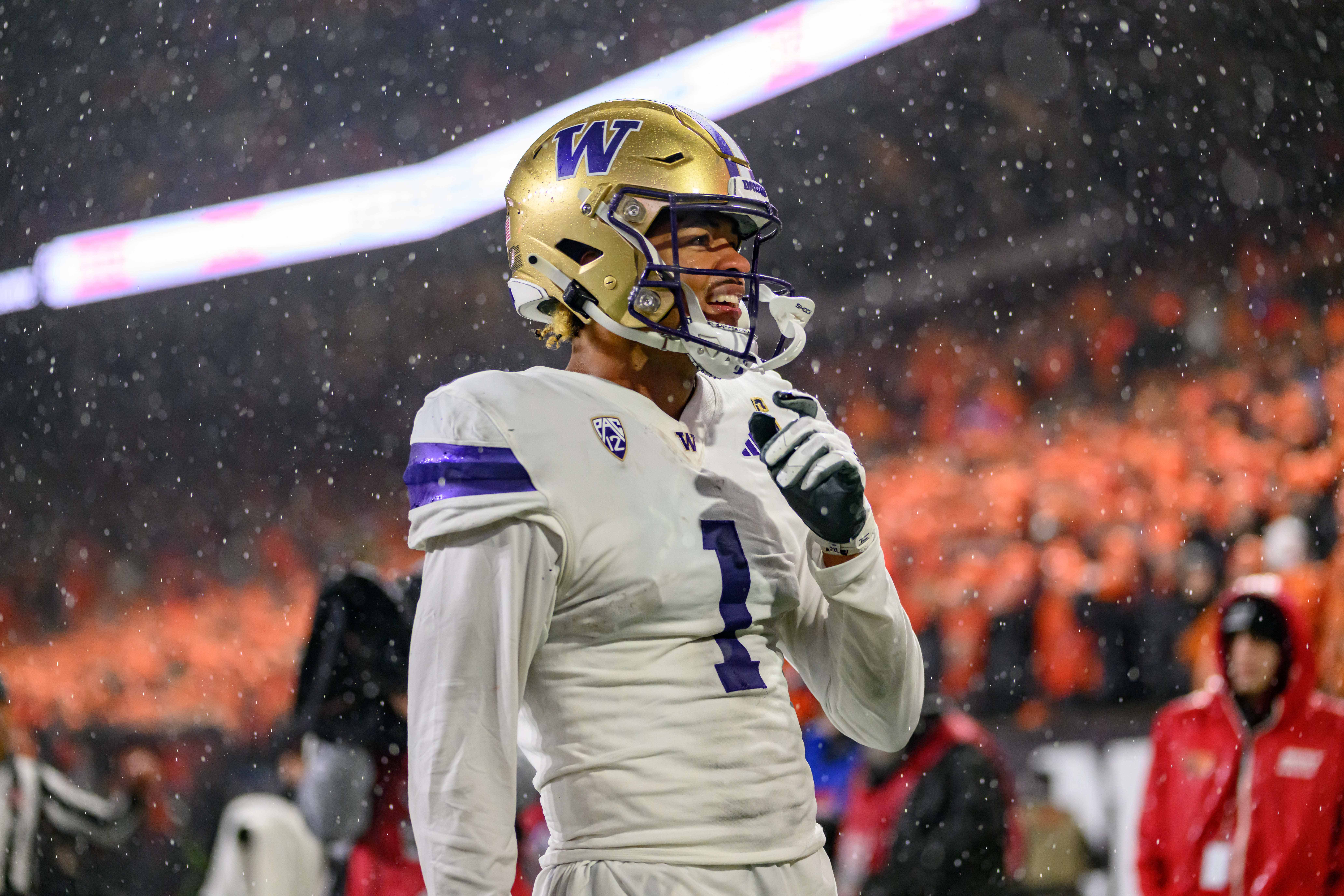 Nov 18, 2023; Corvallis, Oregon, USA; Washington Huskies wide receiver Rome Odunze (1) celebrates a touchdown during the second quarter against the Oregon State Beavers at Reser Stadium.
