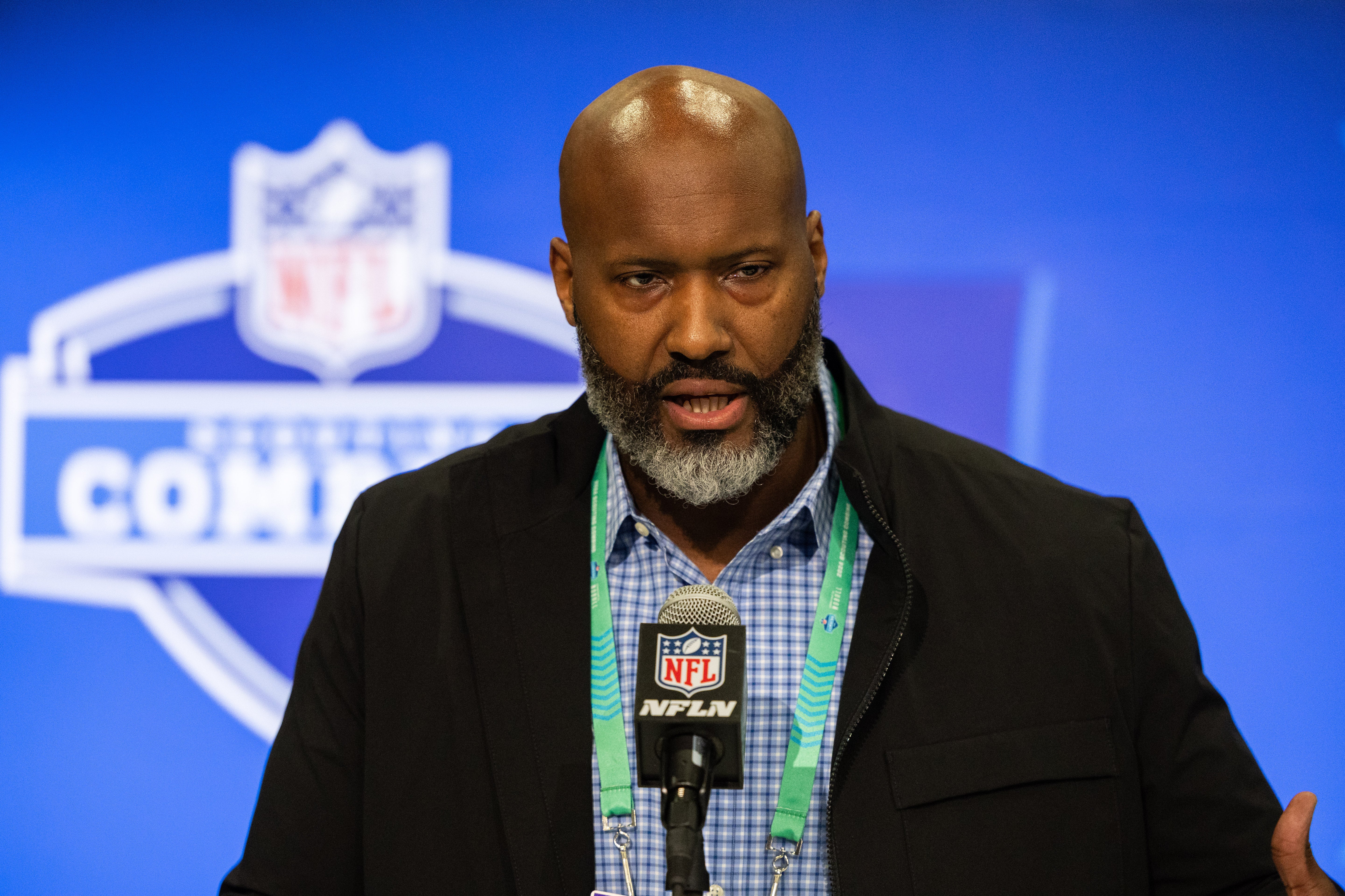 Feb 27, 2024; Indianapolis, IN, USA; Detroit Lions Executive Vice President and General Manager Brad Holmes talks to the media at the 2024 NFL Combine at Indiana Convention Center.