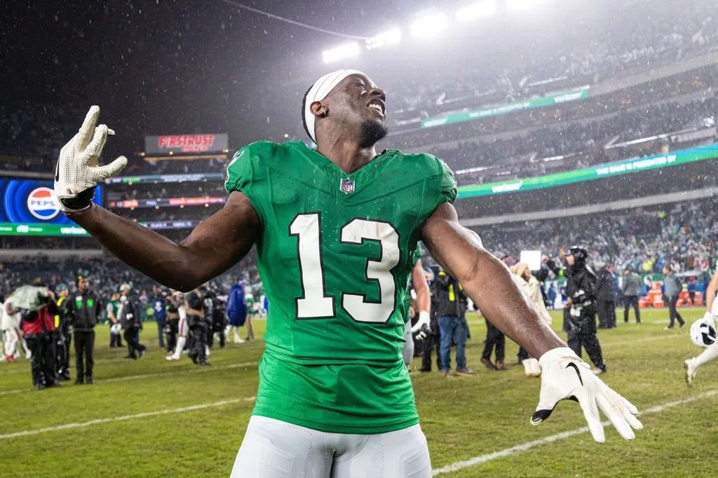 Philadelphia Eagles wide receiver Olamide Zaccheaus (13) reacts after a victory against the Buffalo Bills at Lincoln Financial Field.